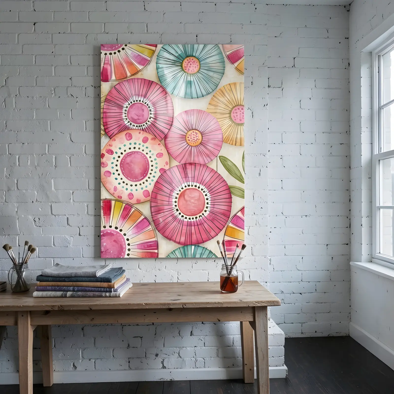 Watercolor Floral Medallions Pink Bloom Pattern | Glass Wall Art — 7