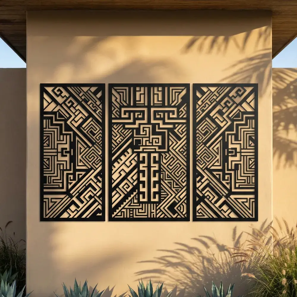 Geometric Aztec Metal Wall Art – Tribal Triptych, Living Room Statement Decor
