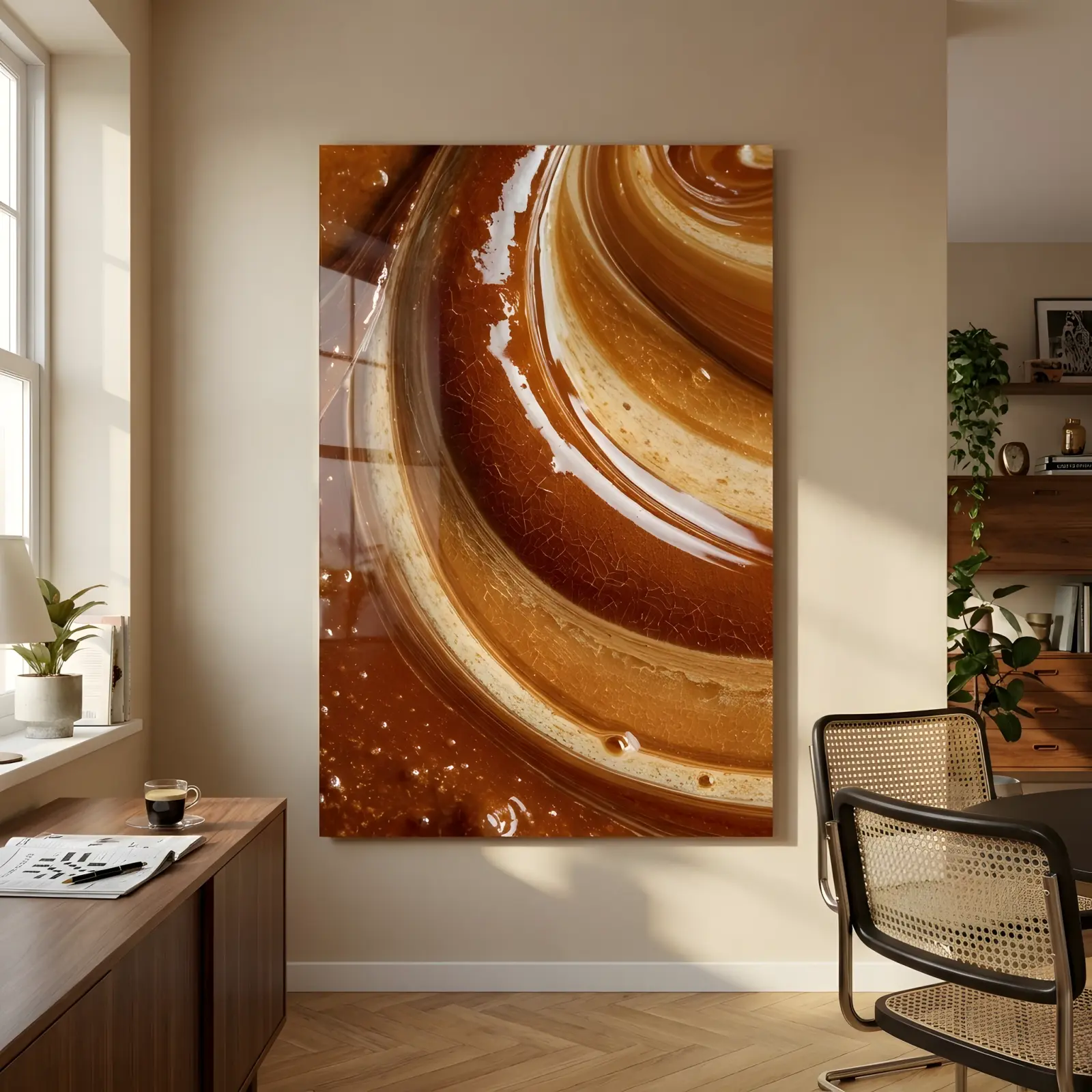 Caramel Swirl Abstract Amber Liquid Flow | Glass Wall Art