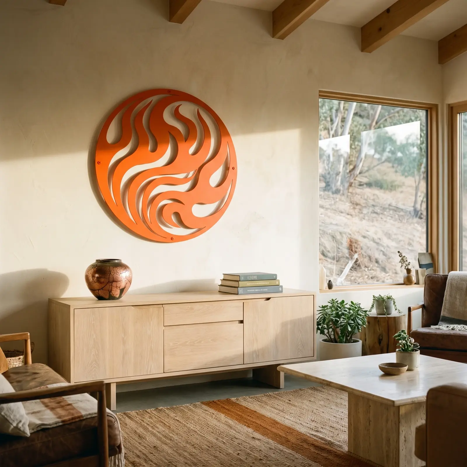 Abstract Flame Circle Metal Wall Art – Ember Tide, Living Room Statement Decor