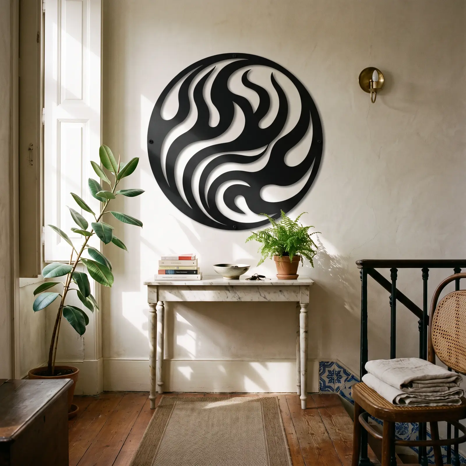 Abstract Flame Circle Metal Wall Art – Ember Tide, Living Room Statement Decor — 4