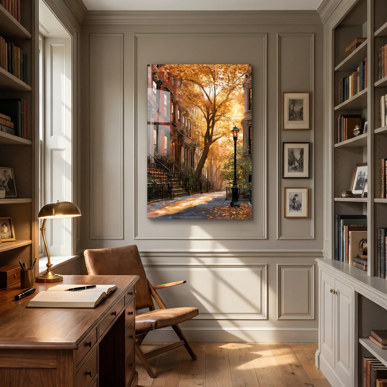 Autumn Street Oil Painting Brownstone Scene | Glass Wall Art