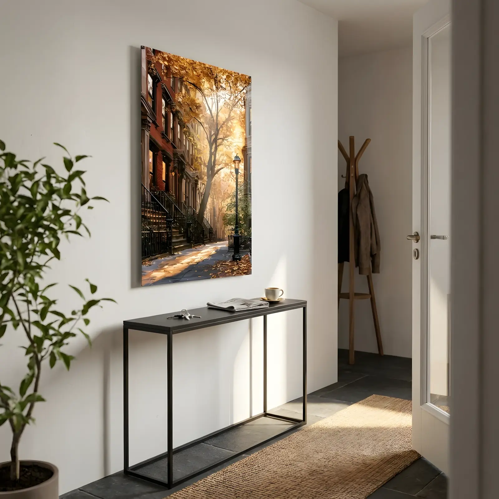 Autumn Street Oil Painting Brownstone Scene | Glass Wall Art — 2