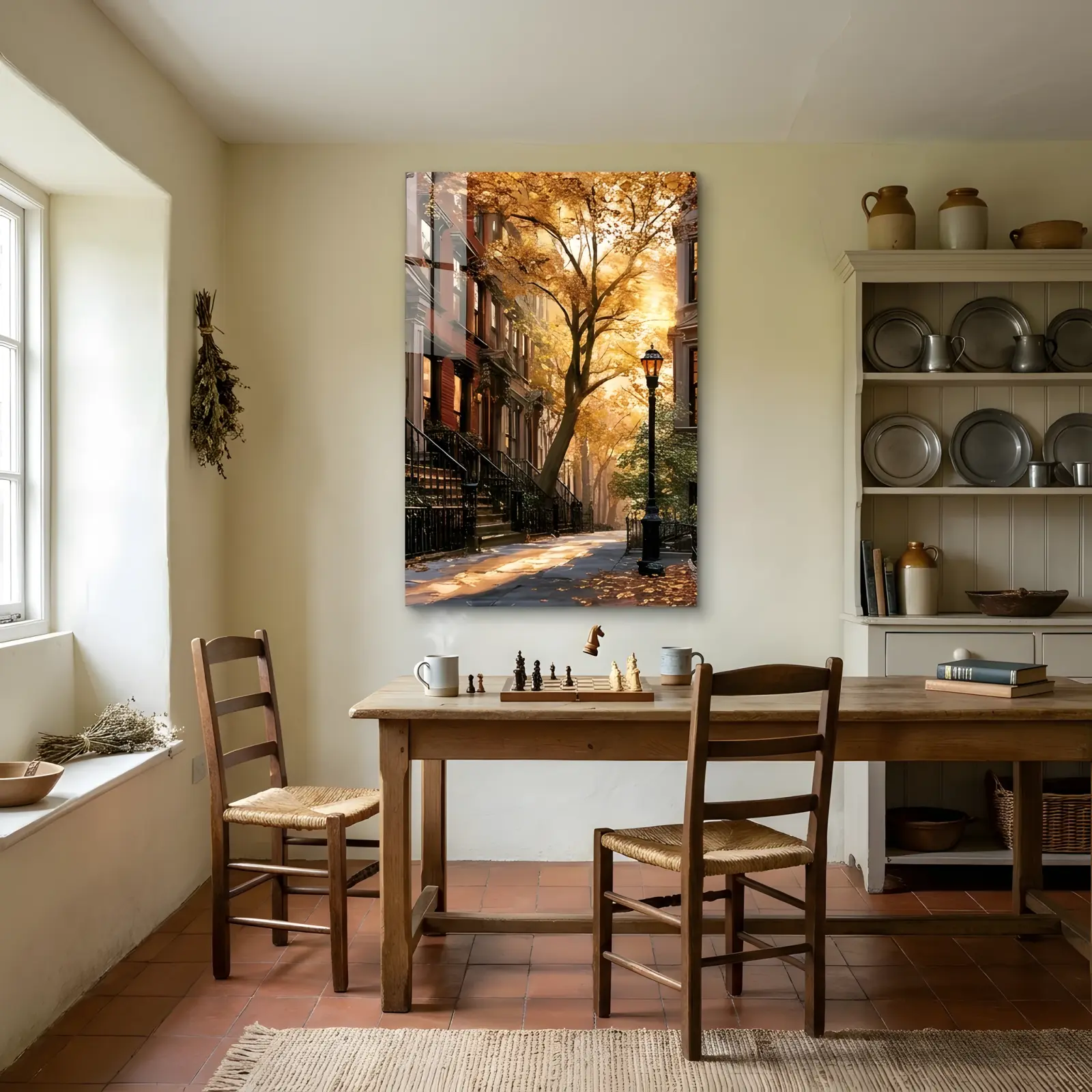 Autumn Street Oil Painting Brownstone Scene | Glass Wall Art — 4