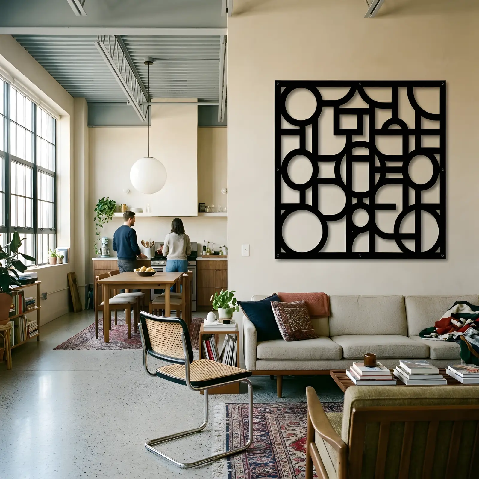 Geometric Circles Metal Wall Art Square Grid – Circle Score, Modern Living Room Decor — 2