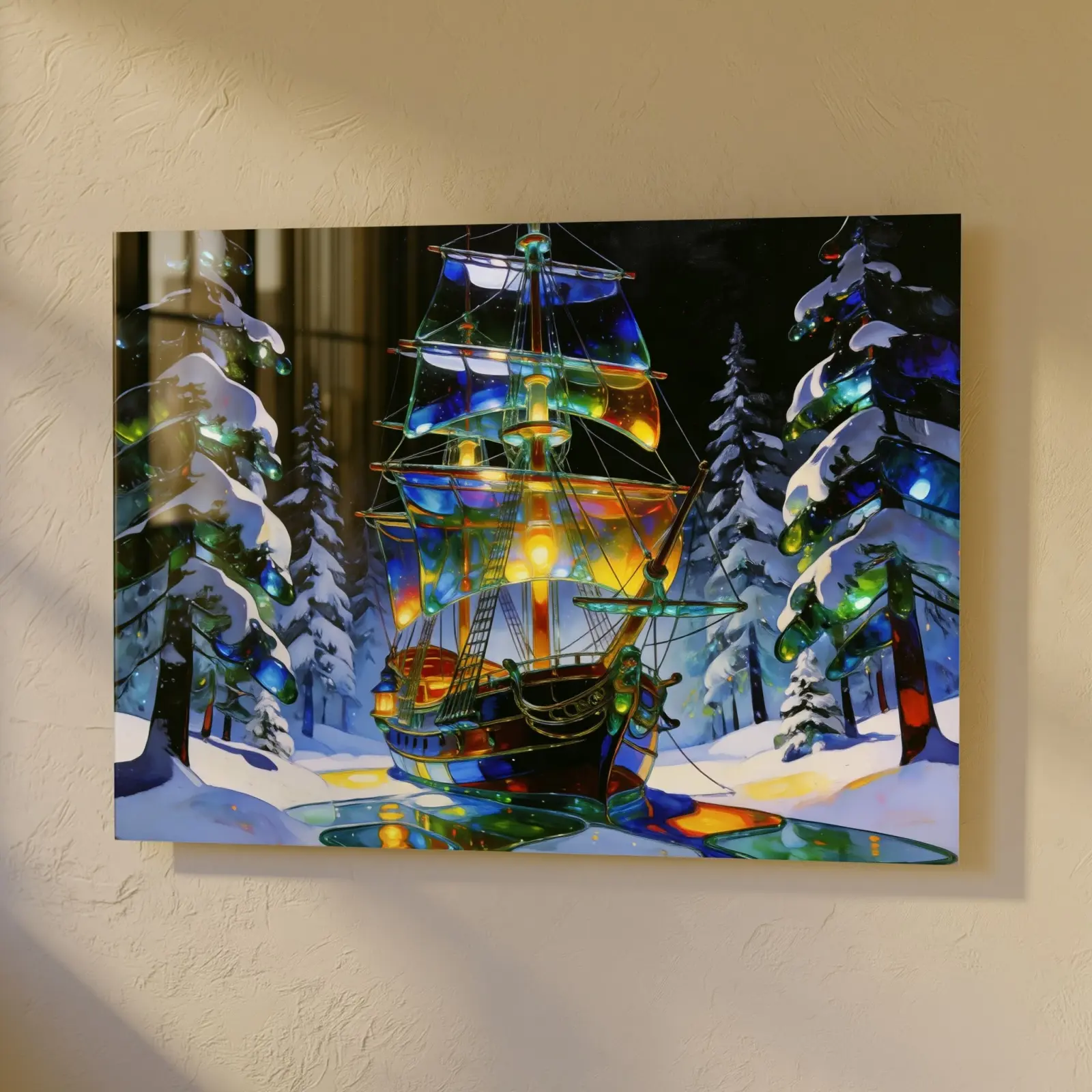 Stained Glass Ship Winter Forest Night | Glass Wall Art