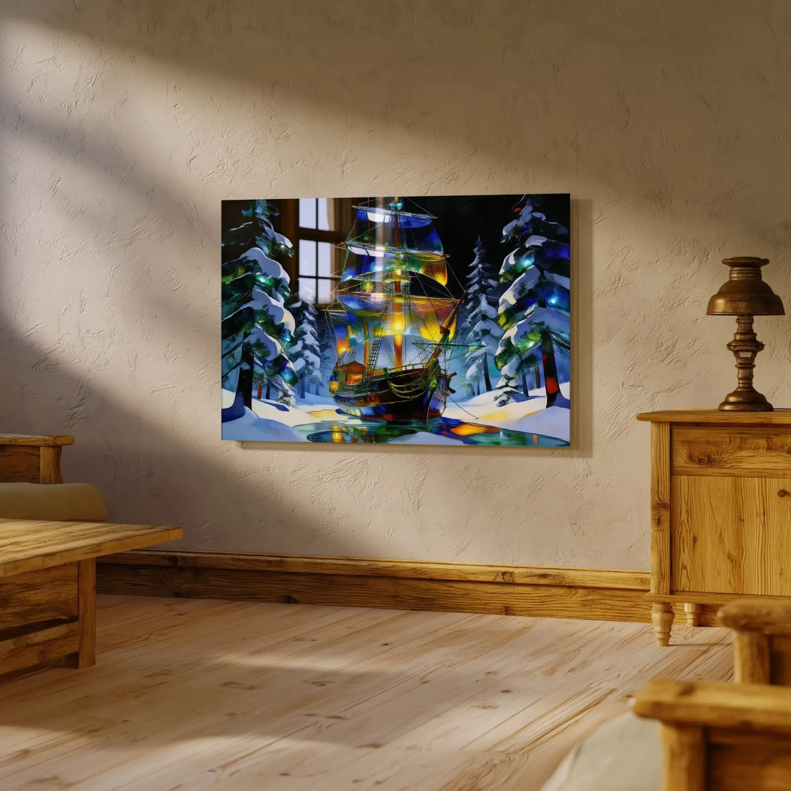 Stained Glass Ship Winter Forest Night | Glass Wall Art — 2