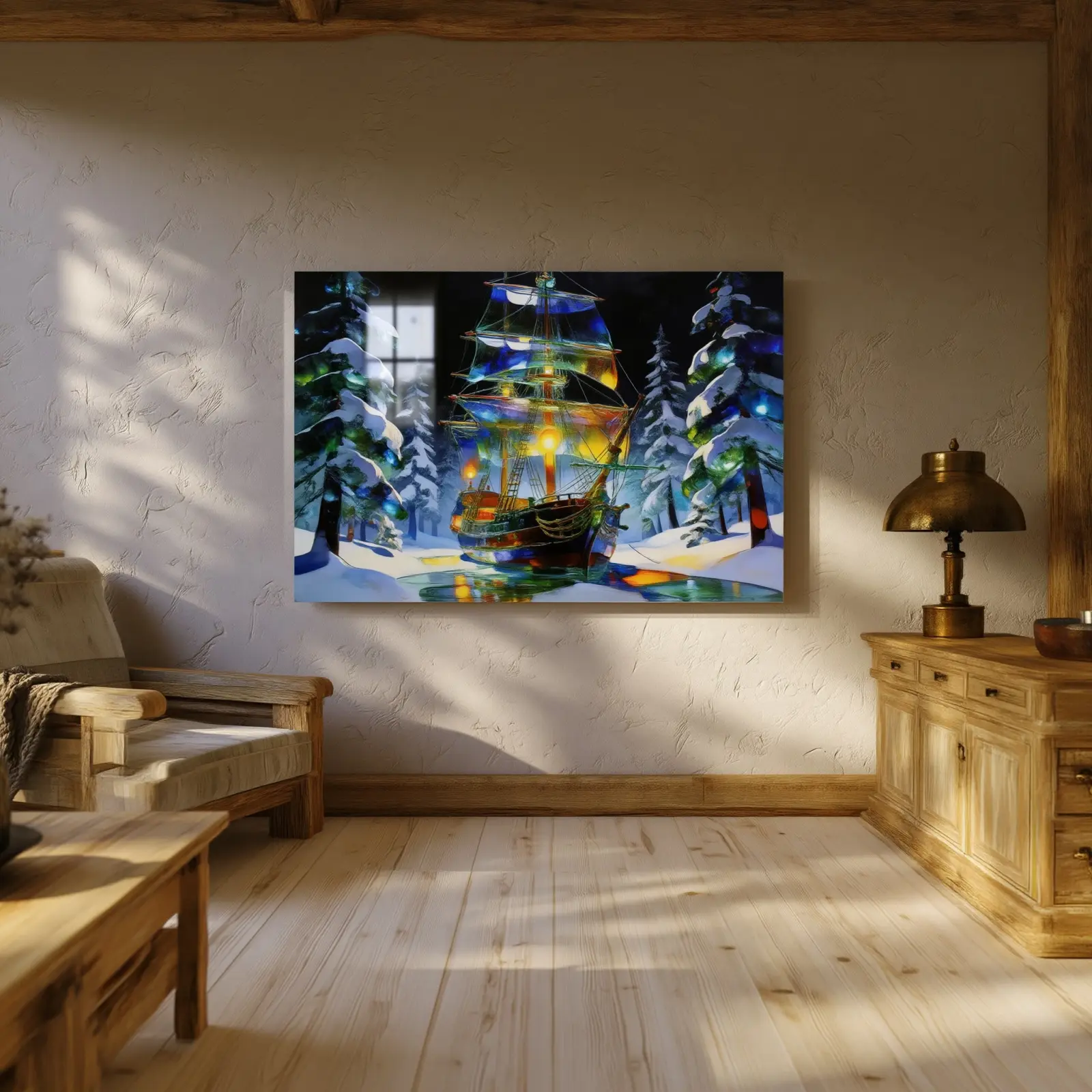 Stained Glass Ship Winter Forest Night | Glass Wall Art — 3