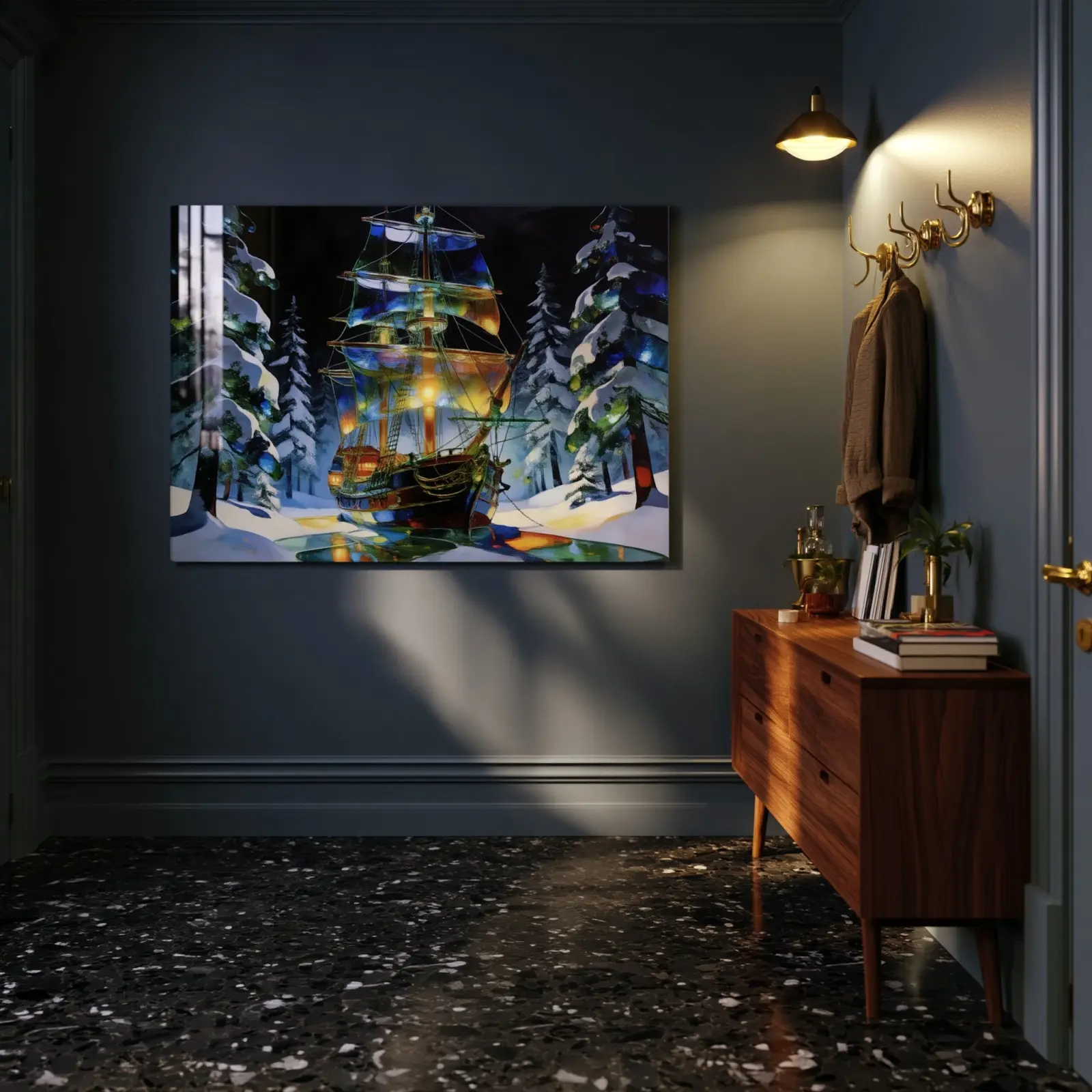 Stained Glass Ship Winter Forest Night | Glass Wall Art — 4