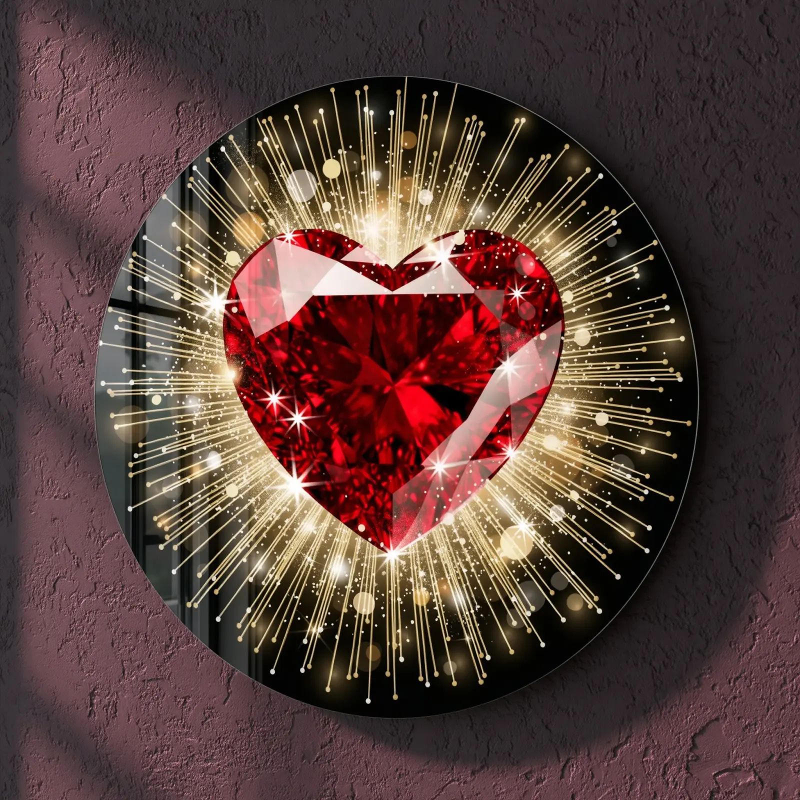 Ruby Heart Glass Wall Art Round Sparkling Love Decor | Tempered Glass Print