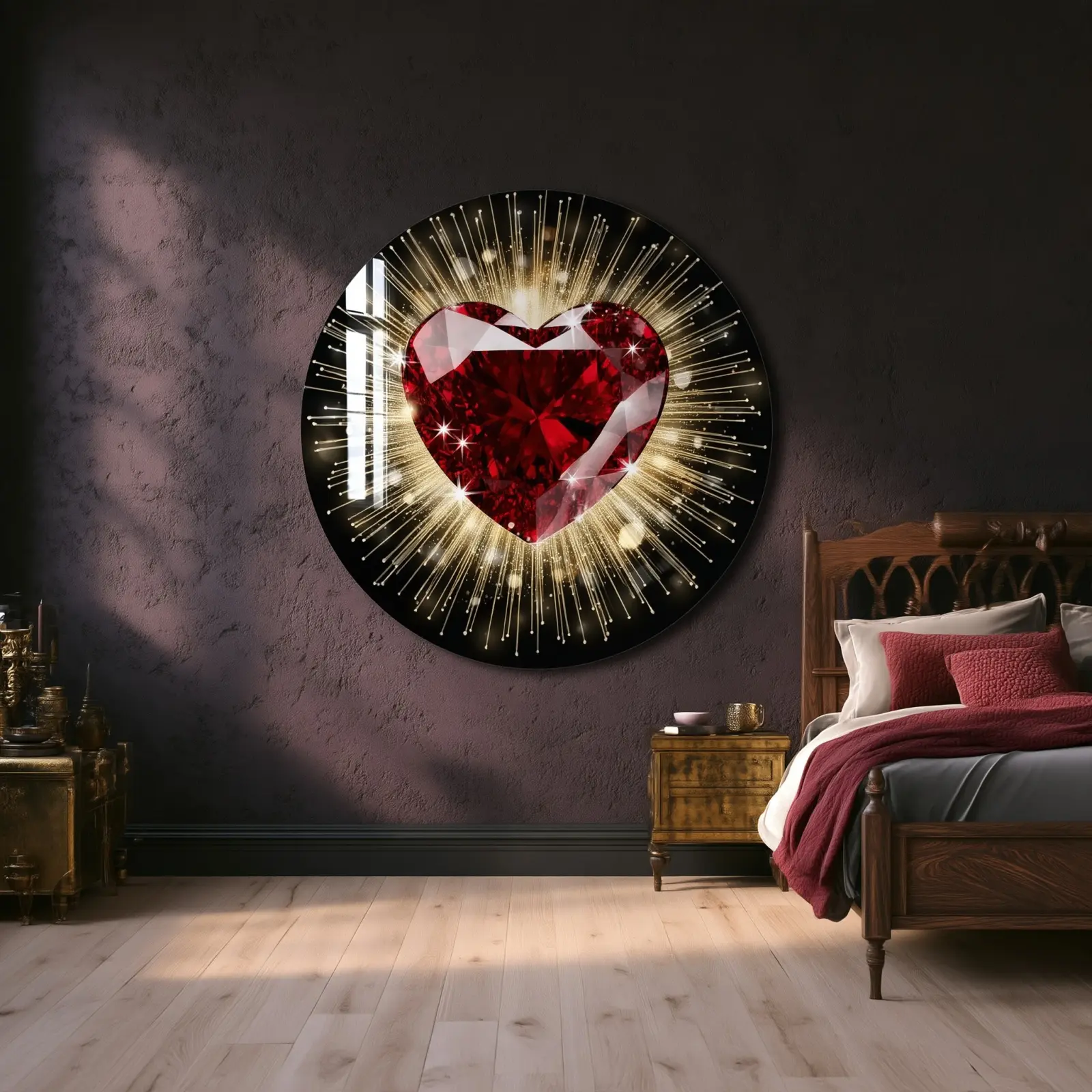 Ruby Heart Glass Wall Art Round Sparkling Love Decor | Tempered Glass Print — 3