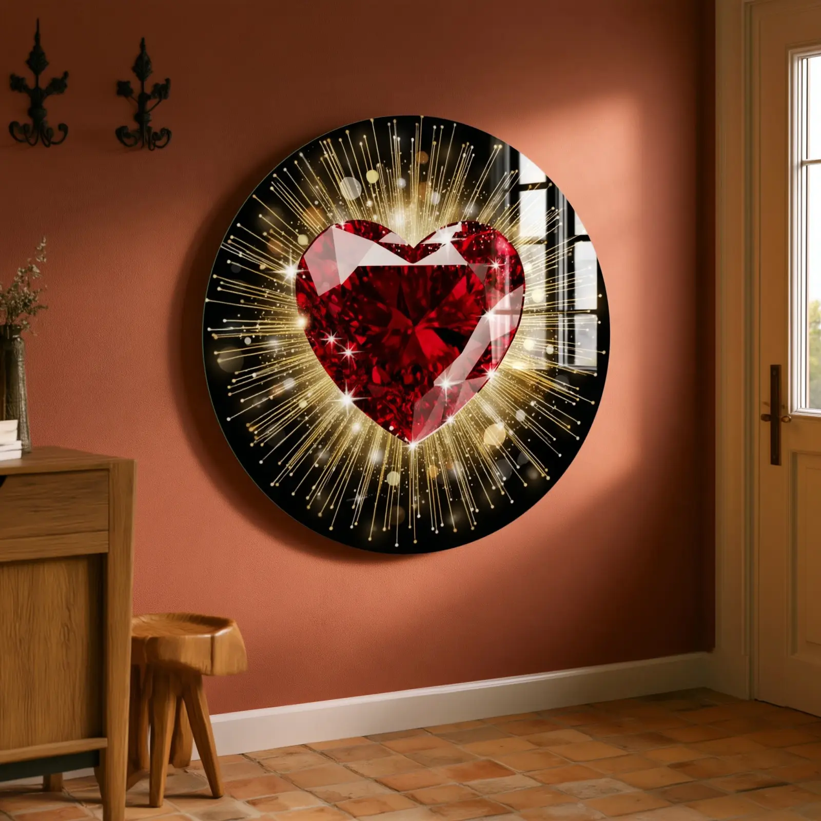 Ruby Heart Glass Wall Art Round Sparkling Love Decor | Tempered Glass Print — 4