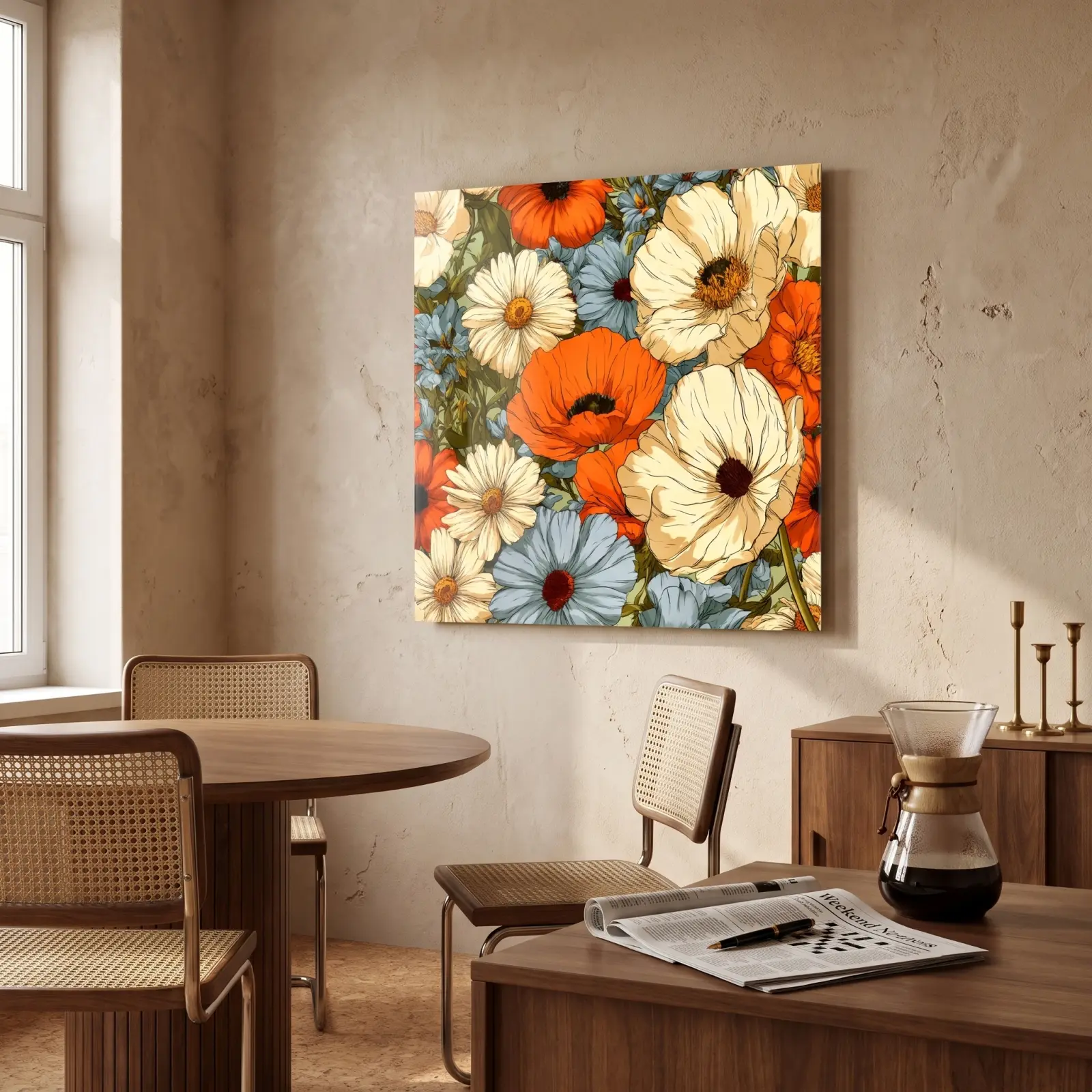 Vintage Floral Glass Wall Art Poppy Daisy Bloom | Tempered Glass Print