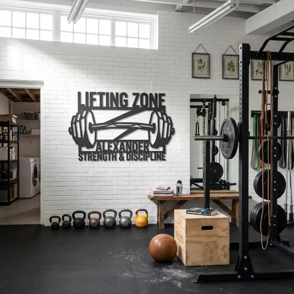 Lifting Zone Metal Wall Art – Personalized Barbell Sign, Home Gym Decor