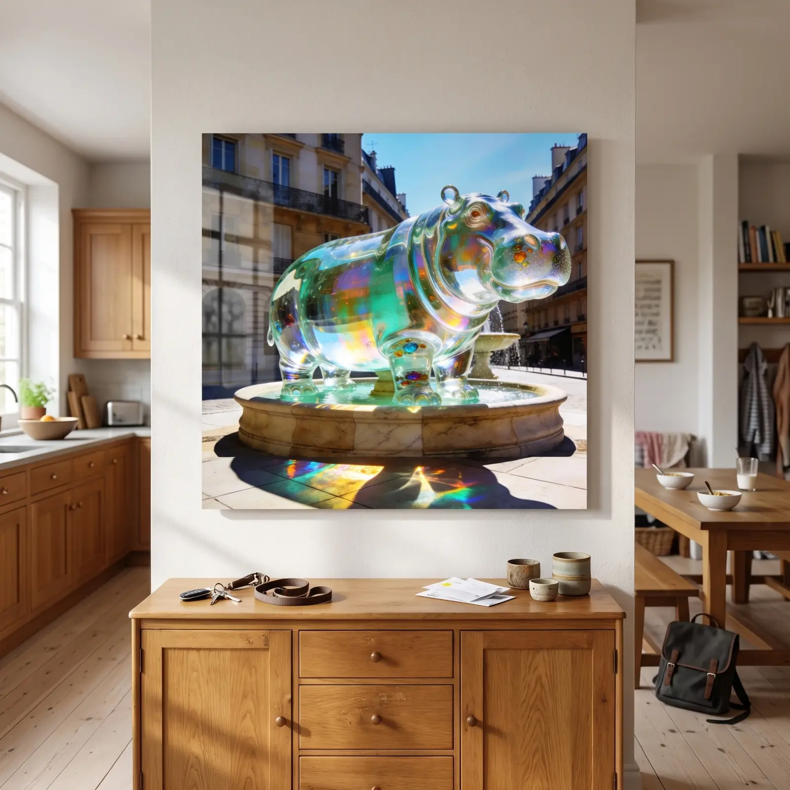 Crystal Hippo Glass Wall Art Paris Fountain Tempered Glass Print