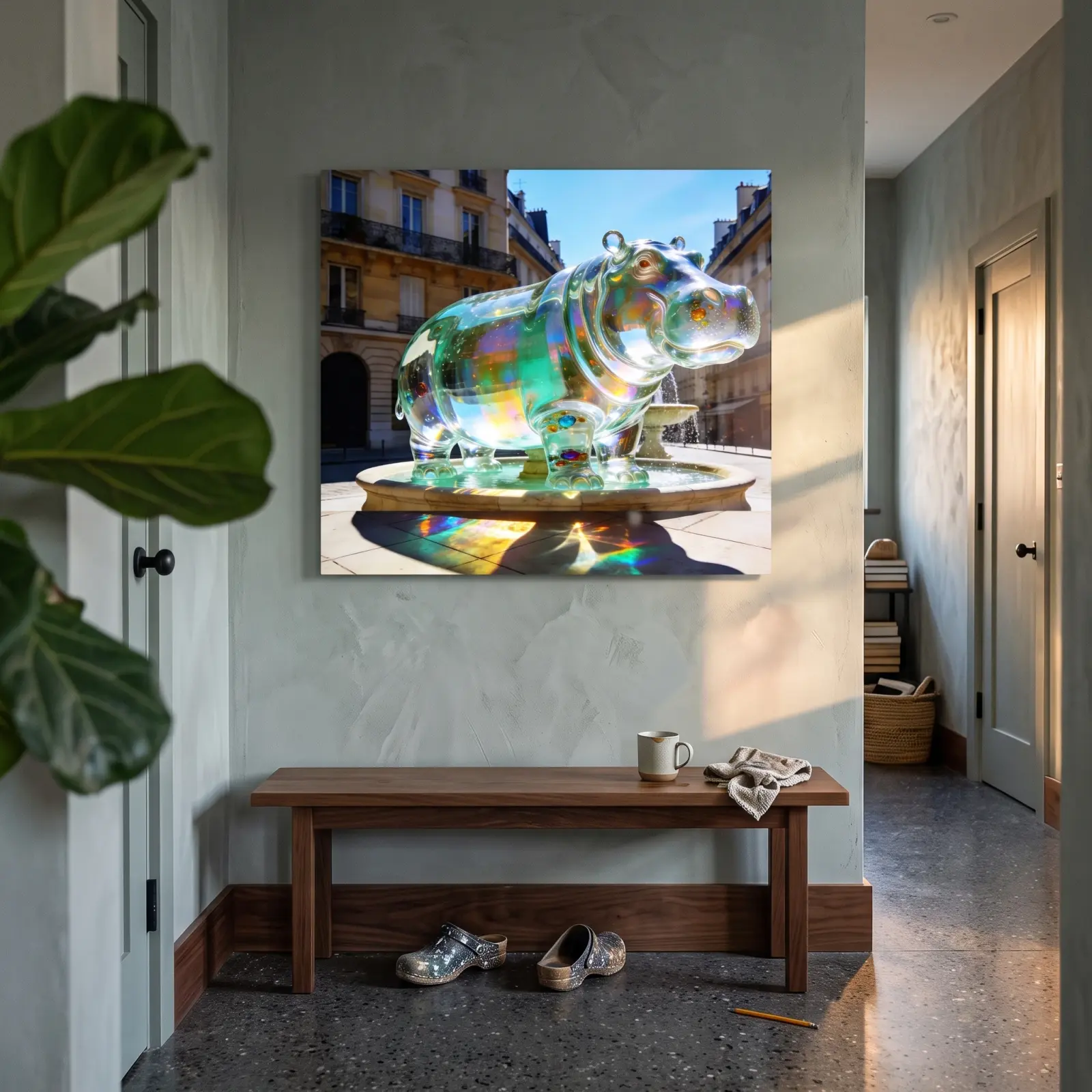 Crystal Hippo Glass Wall Art Paris Fountain Tempered Glass Print — 2