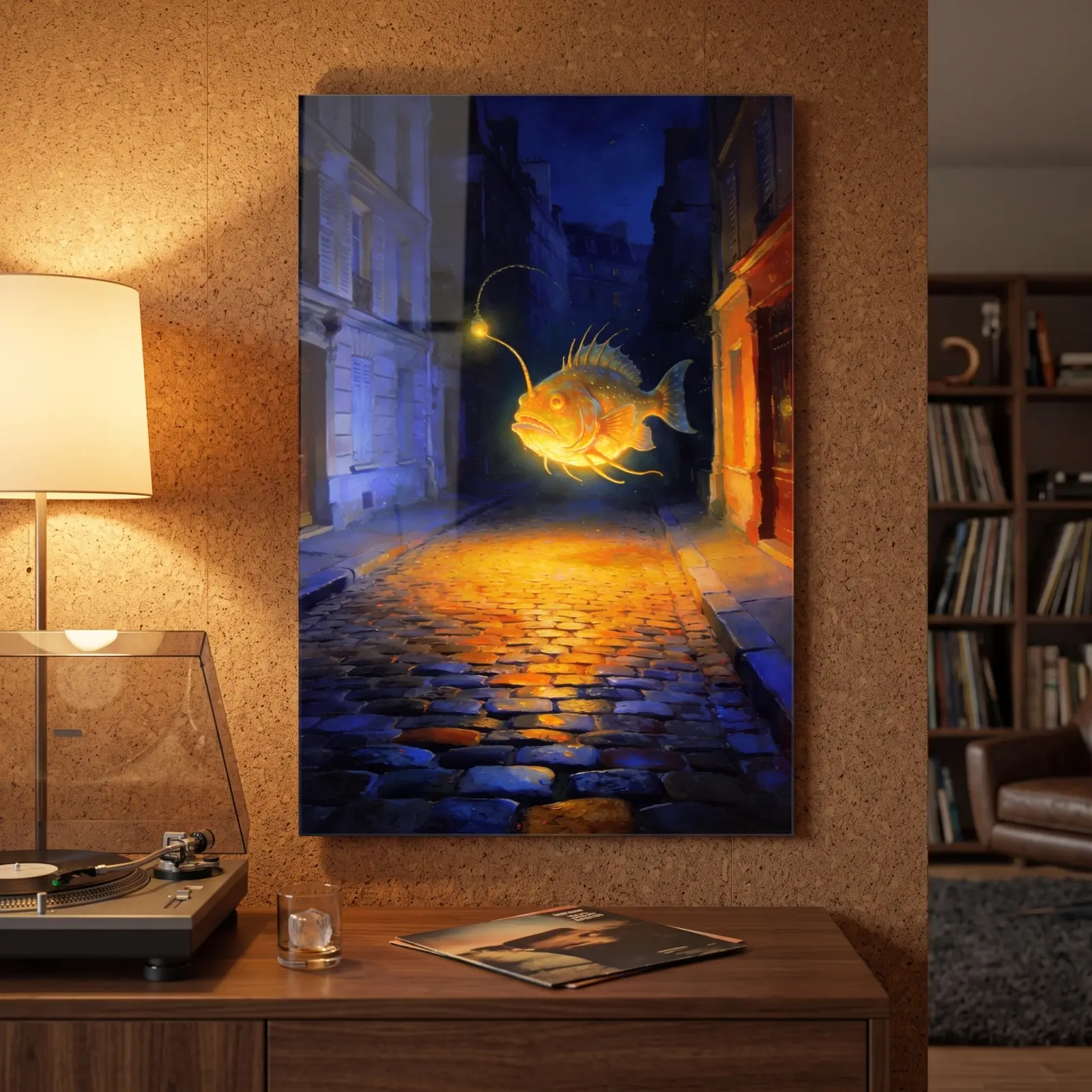 Glowing Anglerfish Night Street Painting | Glass Wall Art