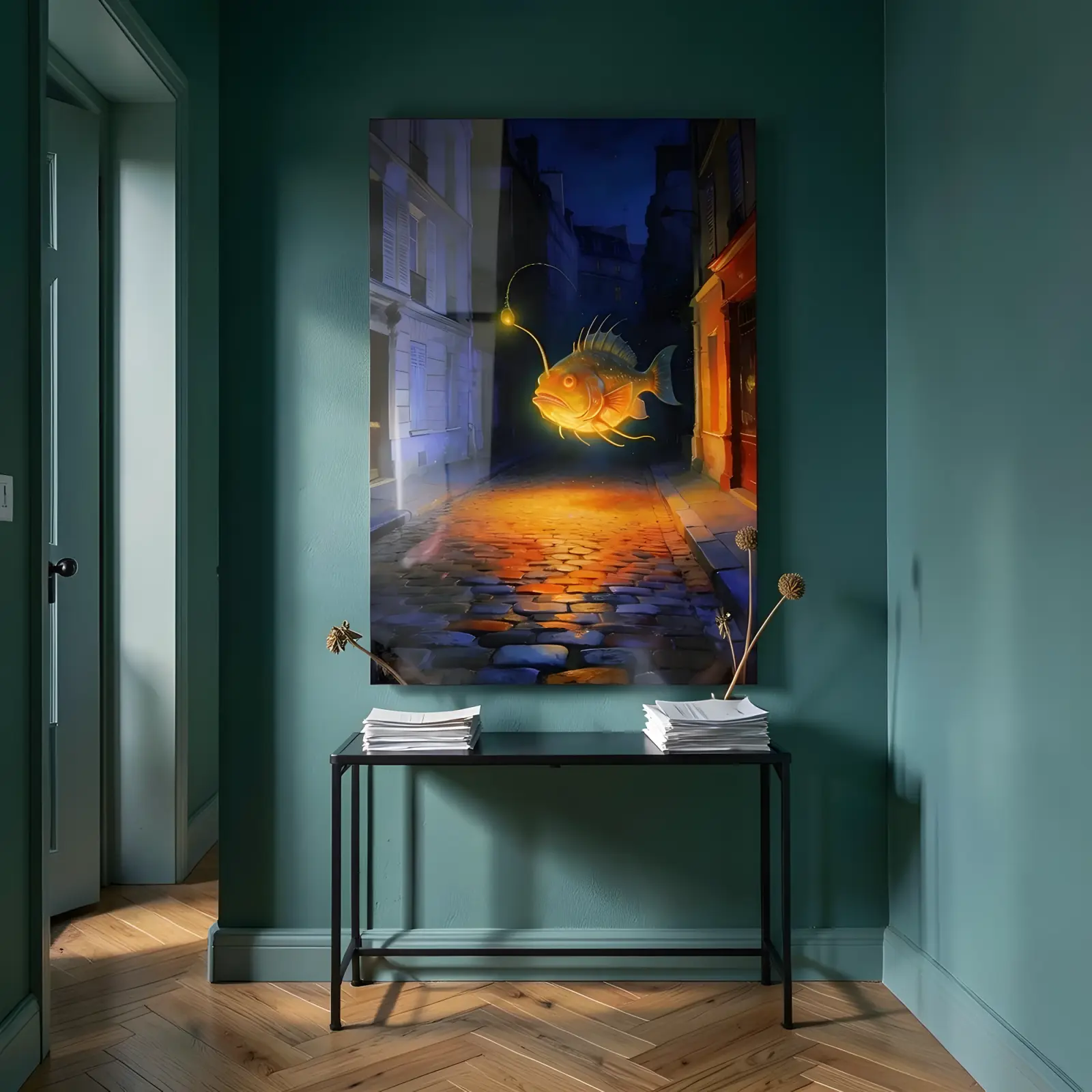 Glowing Anglerfish Night Street Painting | Glass Wall Art — 4
