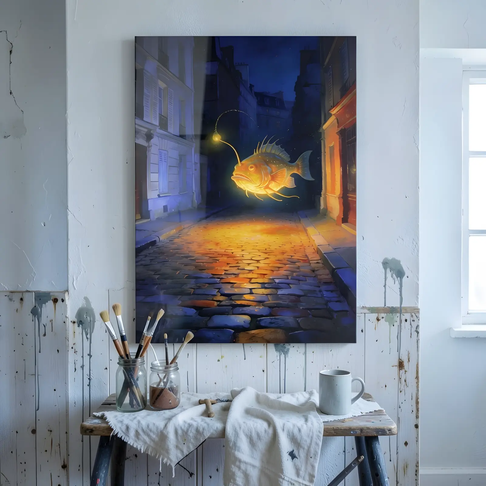 Glowing Anglerfish Night Street Painting | Glass Wall Art — 5