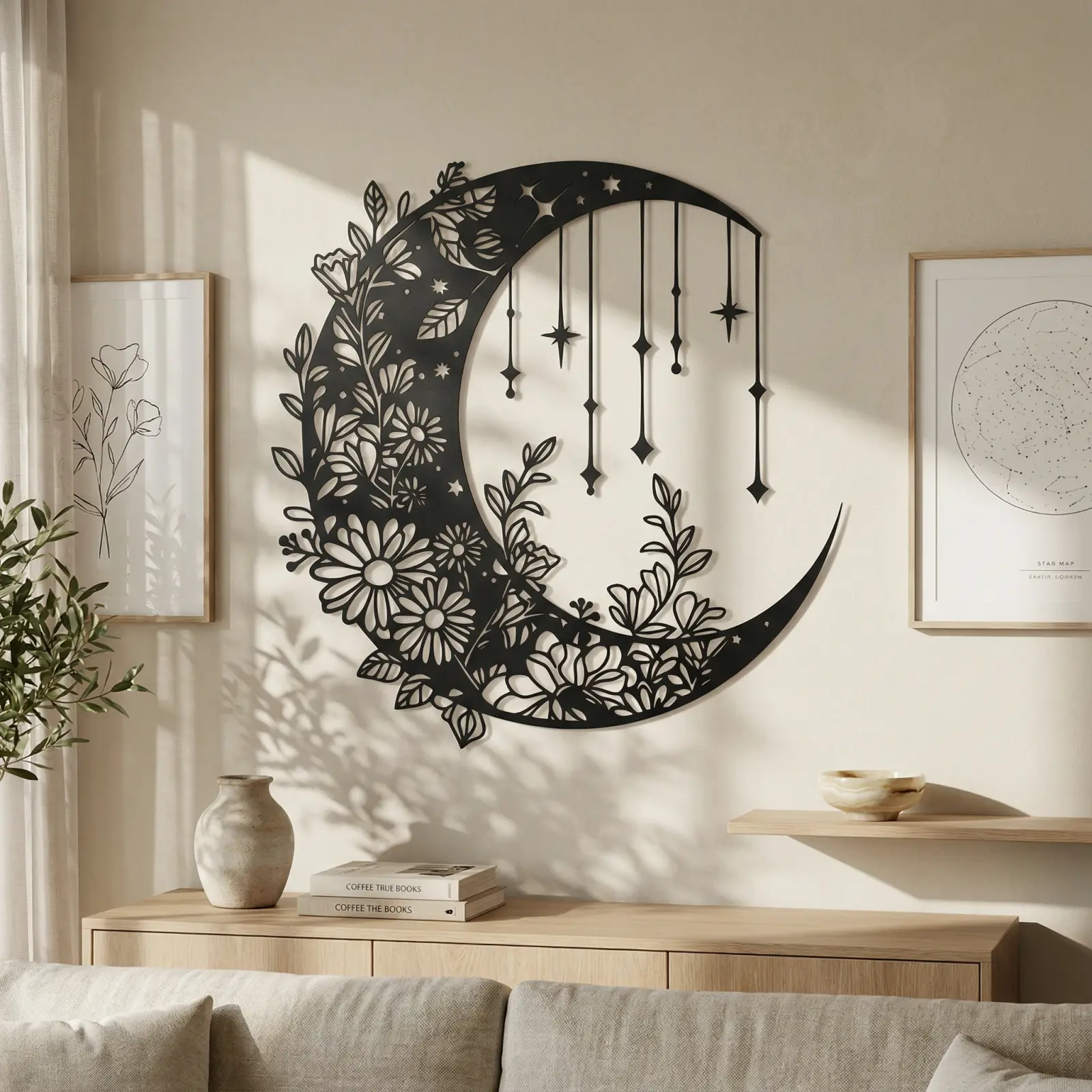 Floral Moon and Stars Metal Wall Art – Dreamy Crescent, Boho Bedroom Decor