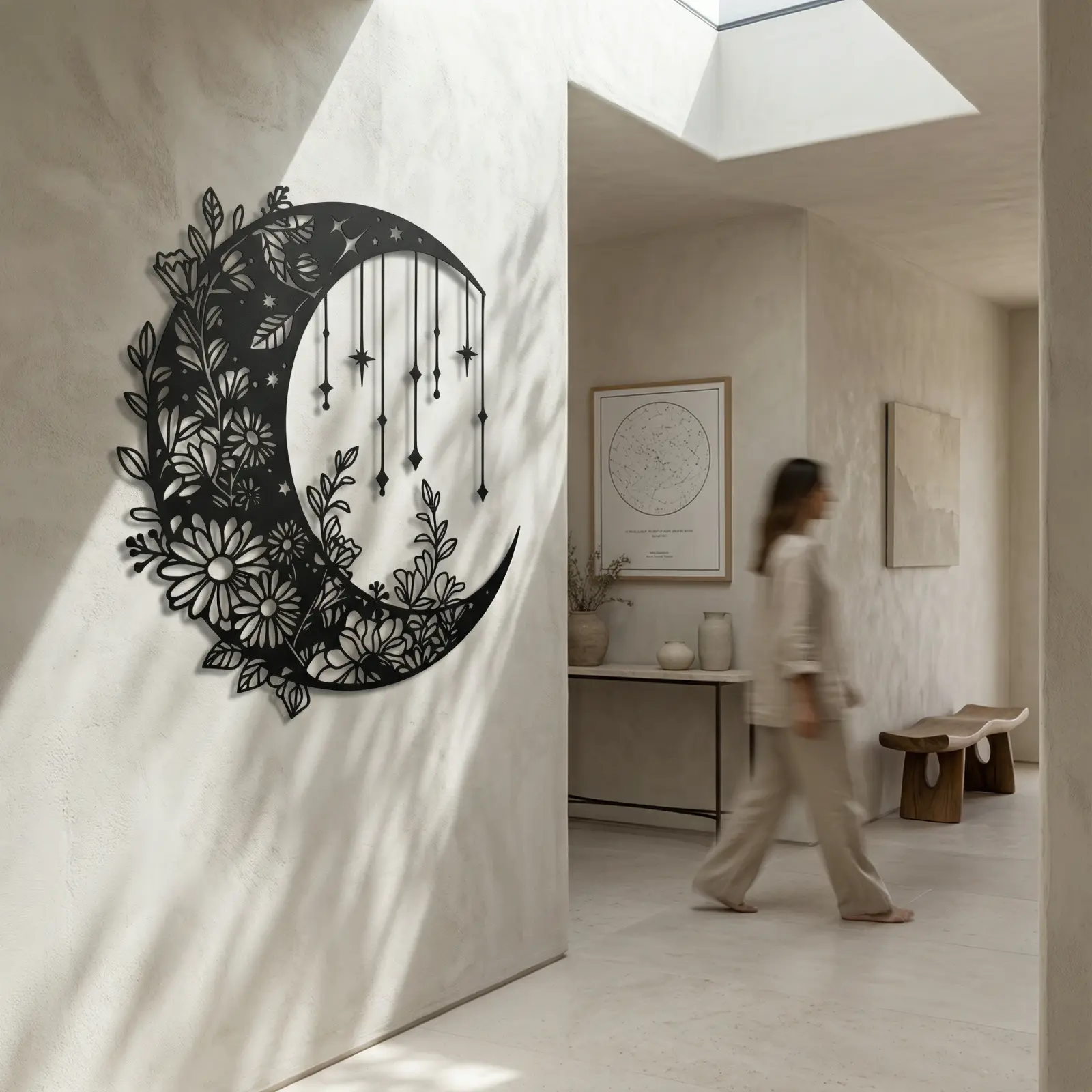 Floral Moon and Stars Metal Wall Art – Dreamy Crescent, Boho Bedroom Decor — 3