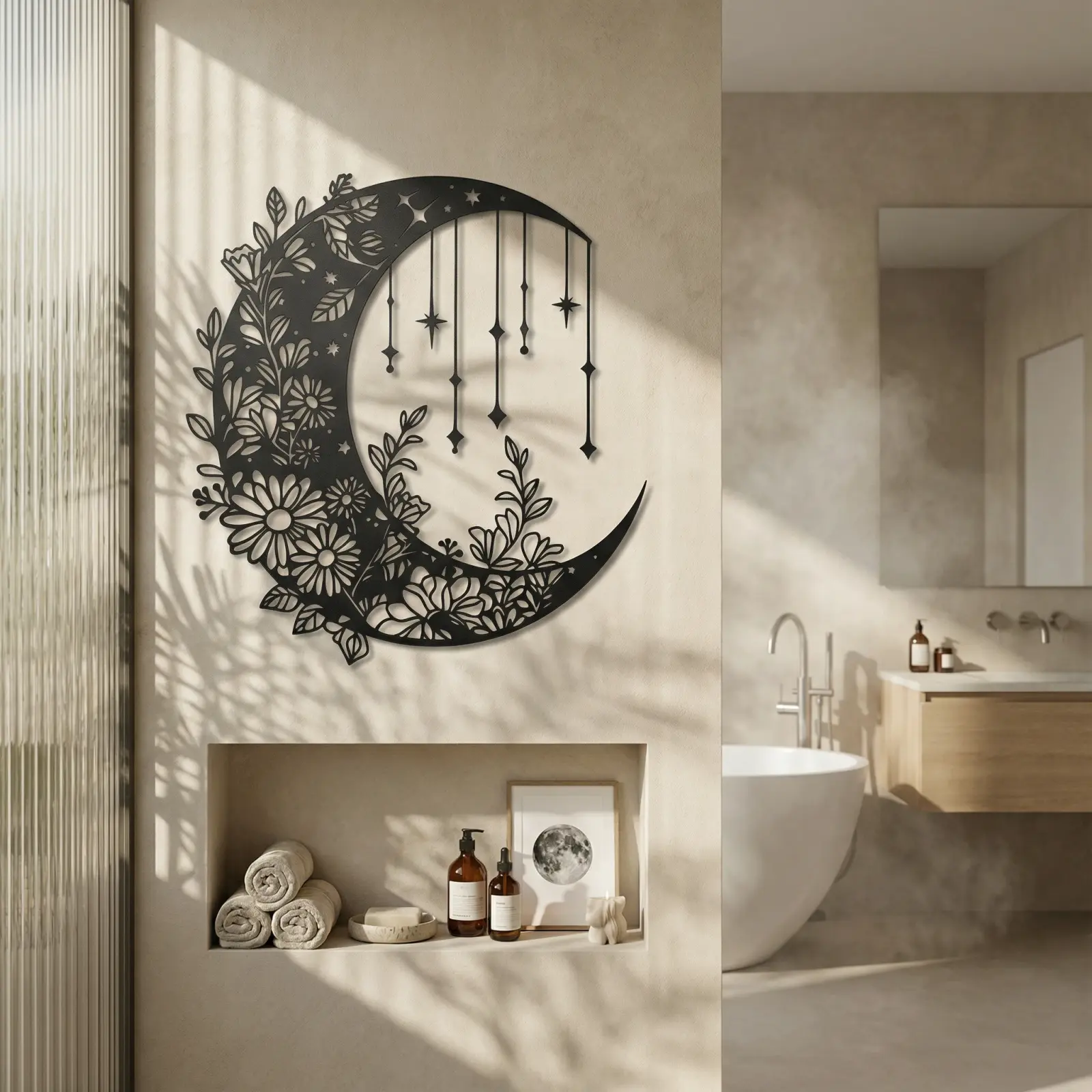 Floral Moon and Stars Metal Wall Art – Dreamy Crescent, Boho Bedroom Decor — 5