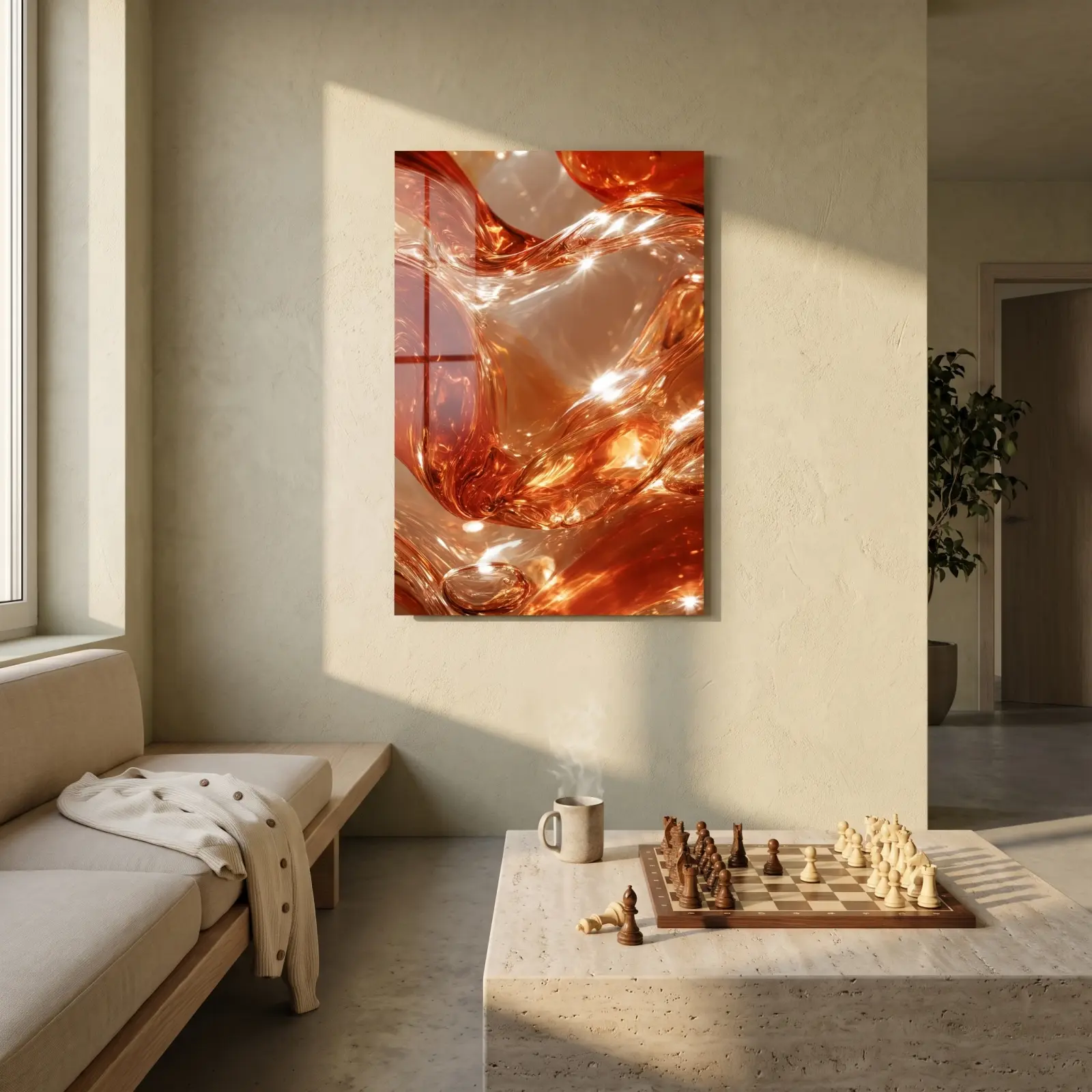 Amber Liquid Abstract Tempered Glass Wall Art | Glass Wall Decor