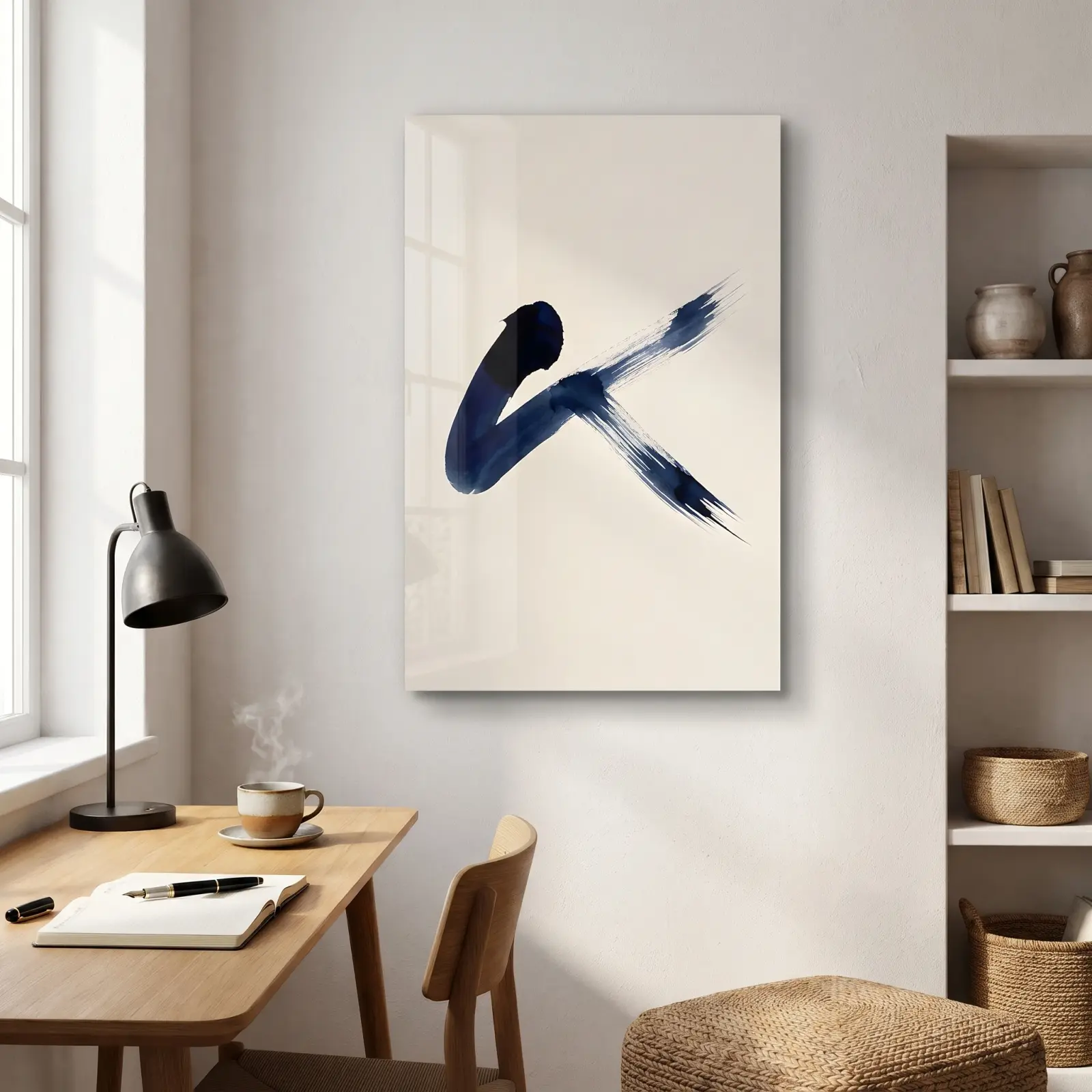 Indigo Brushstroke Art Minimalist Ink Gesture | Glass Wall Art