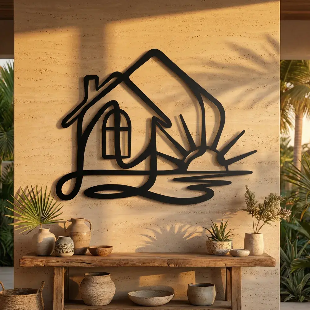 Minimalist House Sunrise Metal Wall Art – Sunlit Home, Entryway Decor