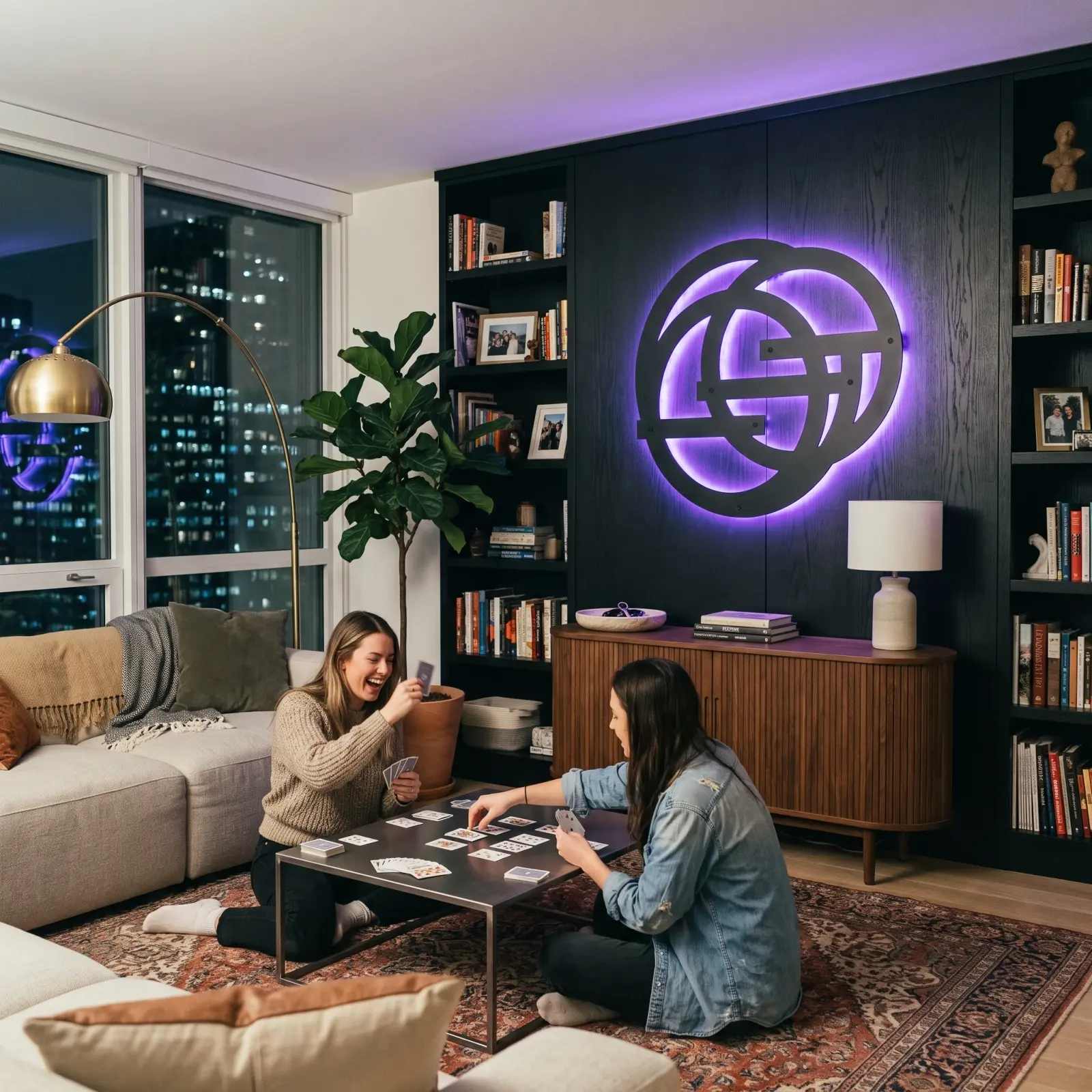 Interlocking Circles Metal Wall Art LED Backlit – Orbit Bond, Living Room Decor — 7