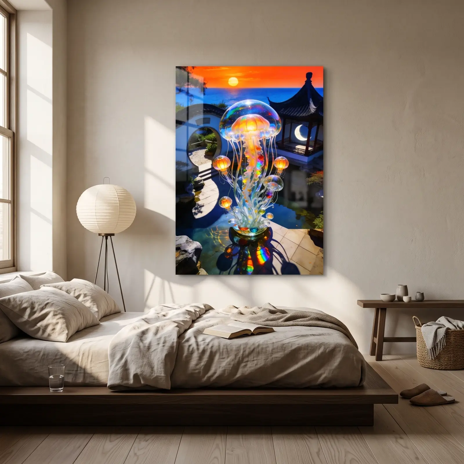 Jellyfish Glass Wall Art Ocean Sunset Pond | Glass Wall Decor