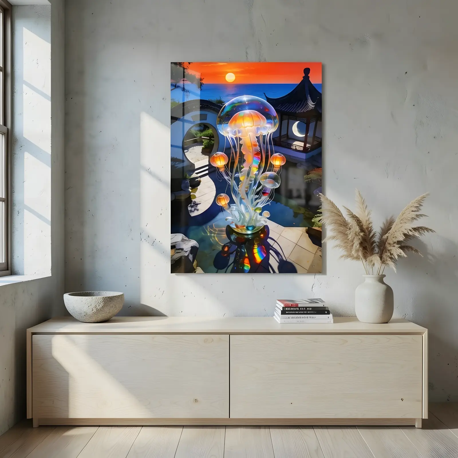 Jellyfish Glass Wall Art Ocean Sunset Pond | Glass Wall Decor — 5