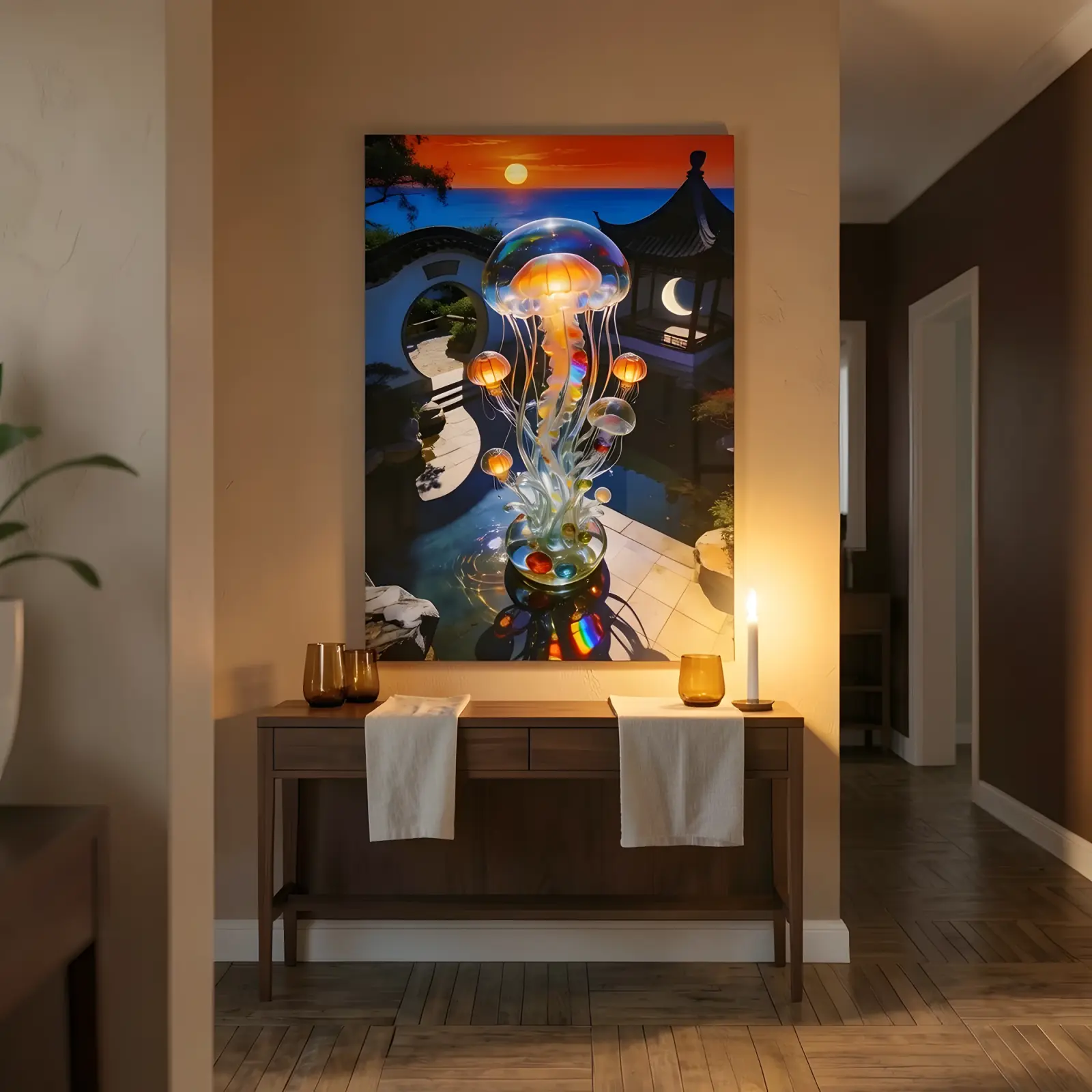 Jellyfish Glass Wall Art Ocean Sunset Pond | Glass Wall Decor — 7