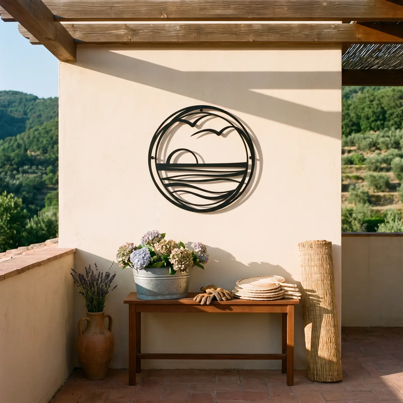 Outdoor Metal Wall Art Sunrise Horizon Circle – Tide Lantern, Patio Garden Decor — 4