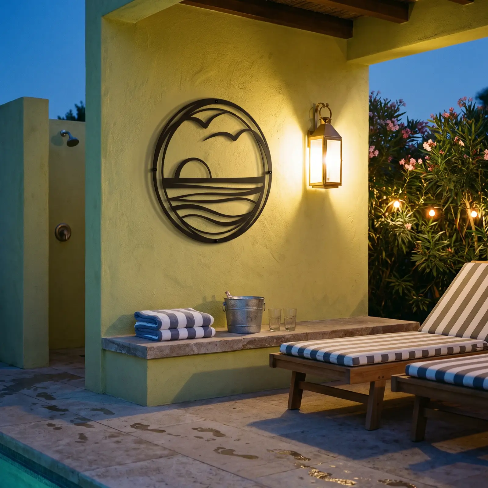 Outdoor Metal Wall Art Sunrise Horizon Circle – Tide Lantern, Patio Garden Decor — 5