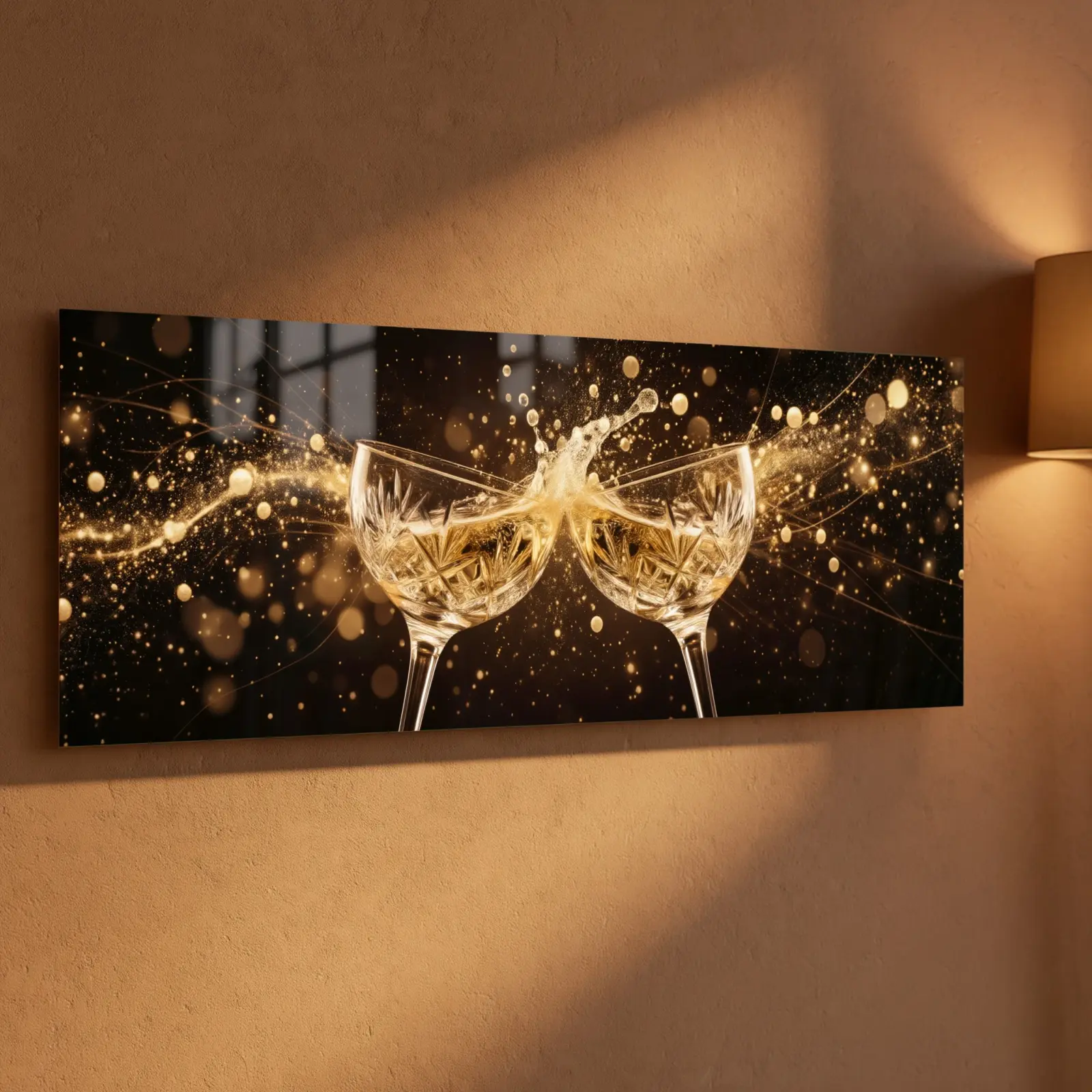 Champagne Toast Wall Art Golden Celebration Bokeh | Glass Wall Art