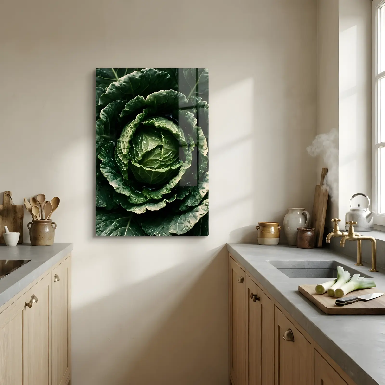 Savoy Cabbage Botanical Macro Green Kitchen Glass Wall Art