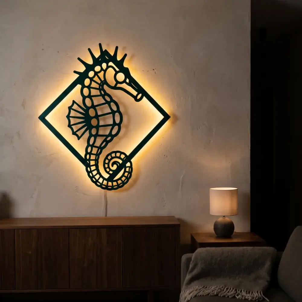 Seahorse Metal LED Wall Art – Tidal Sentinel, Coastal Living Room Decor