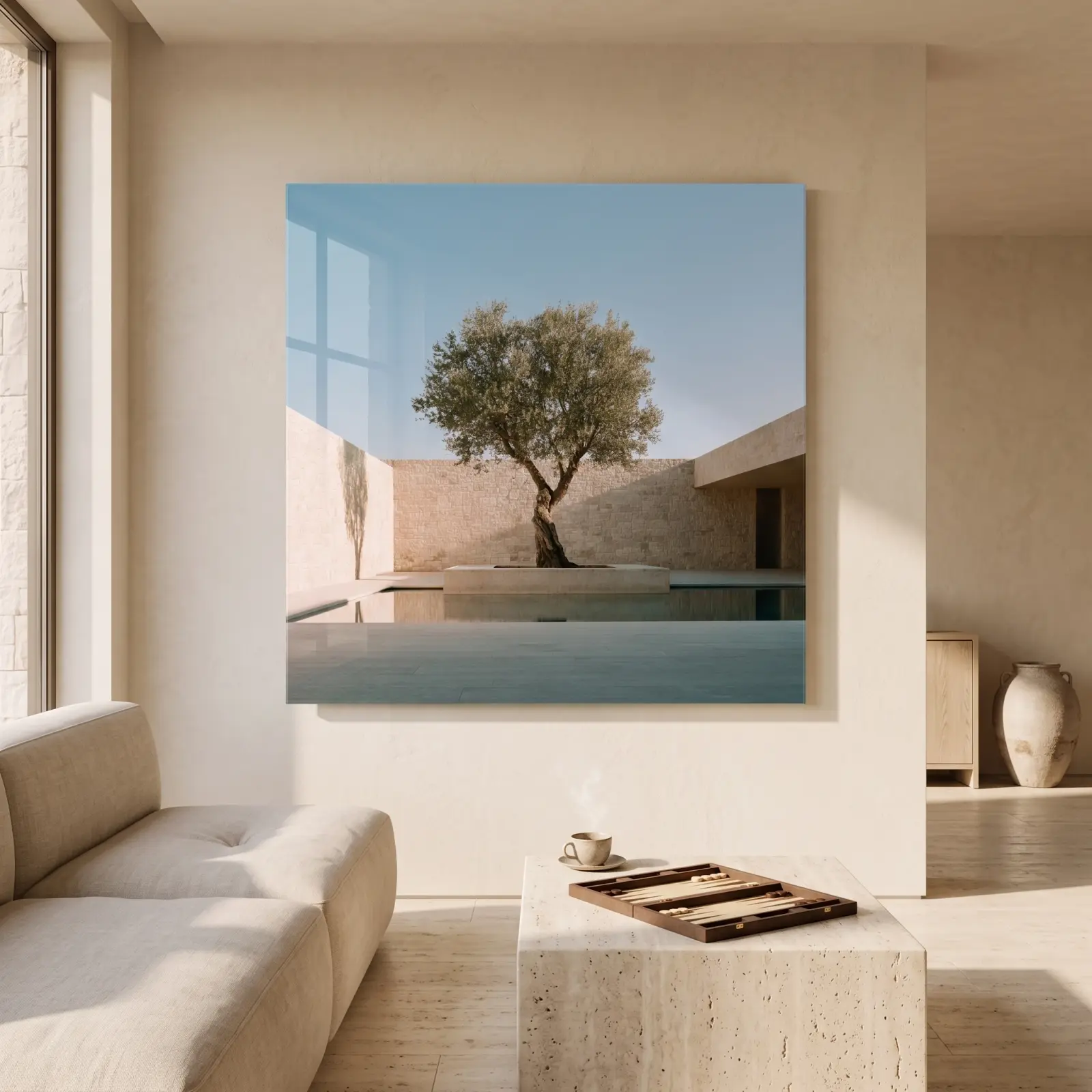Olive Tree Wall Art Minimal Stone Courtyard | Glass Wall Art