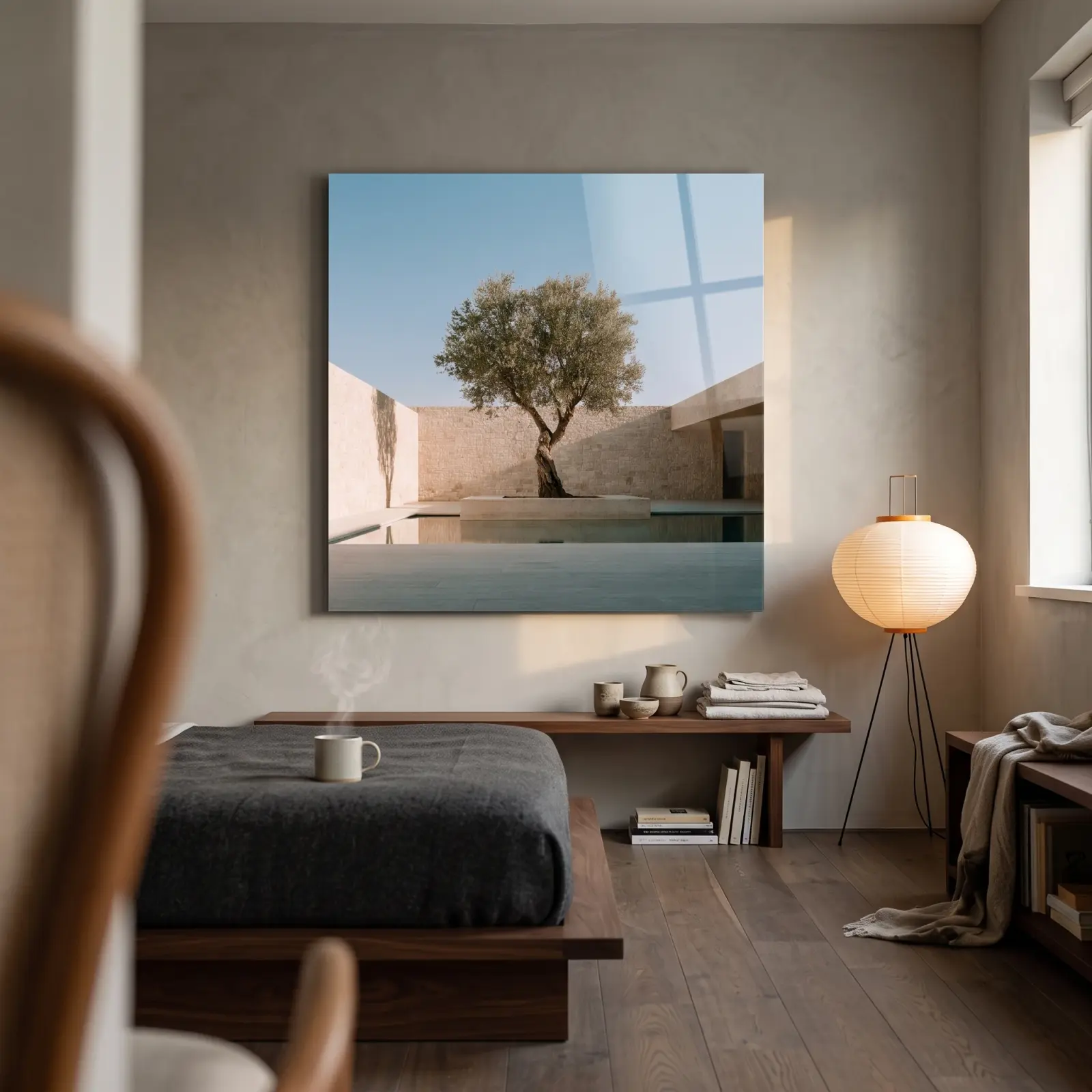 Olive Tree Wall Art Minimal Stone Courtyard | Glass Wall Art — 2