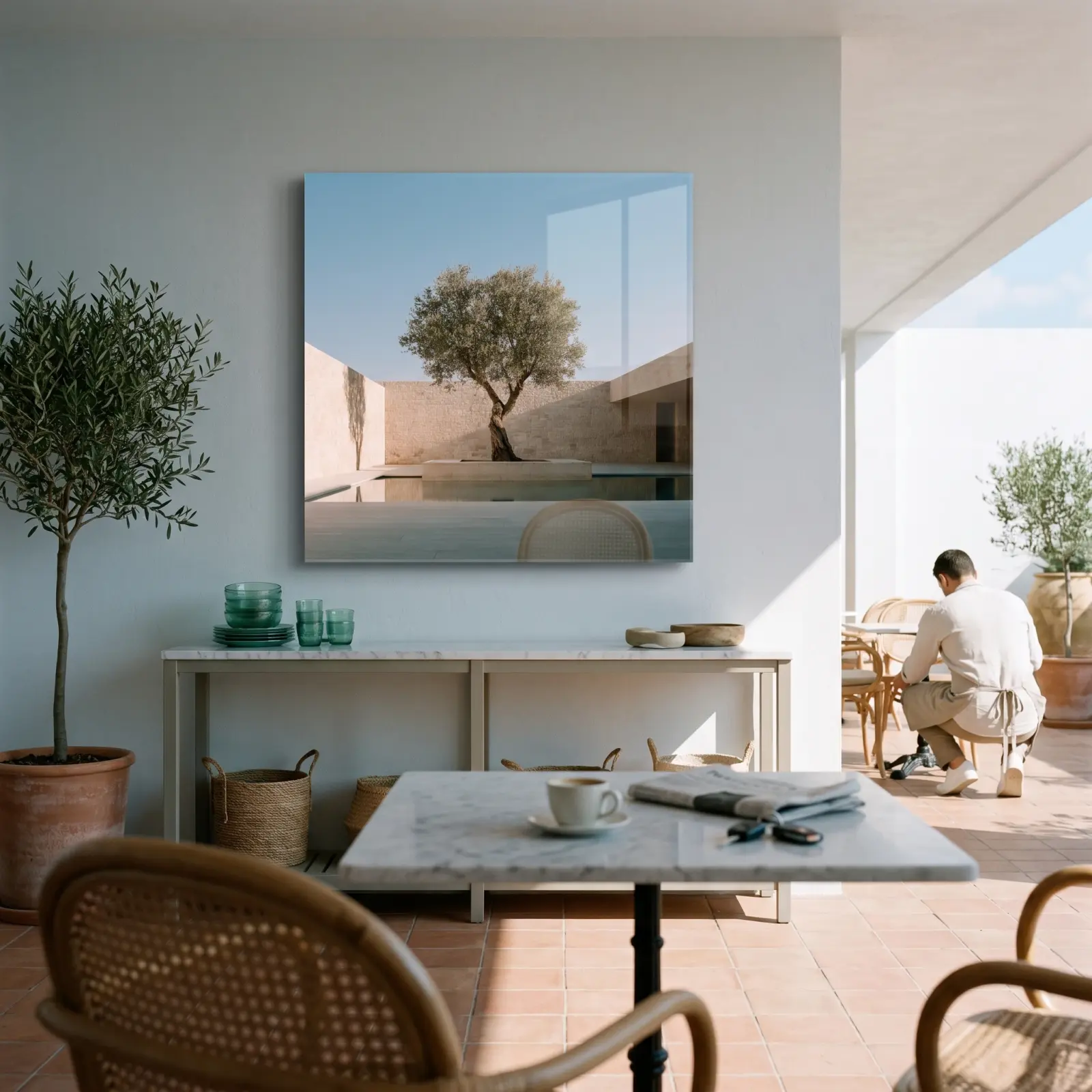 Olive Tree Wall Art Minimal Stone Courtyard | Glass Wall Art — 3