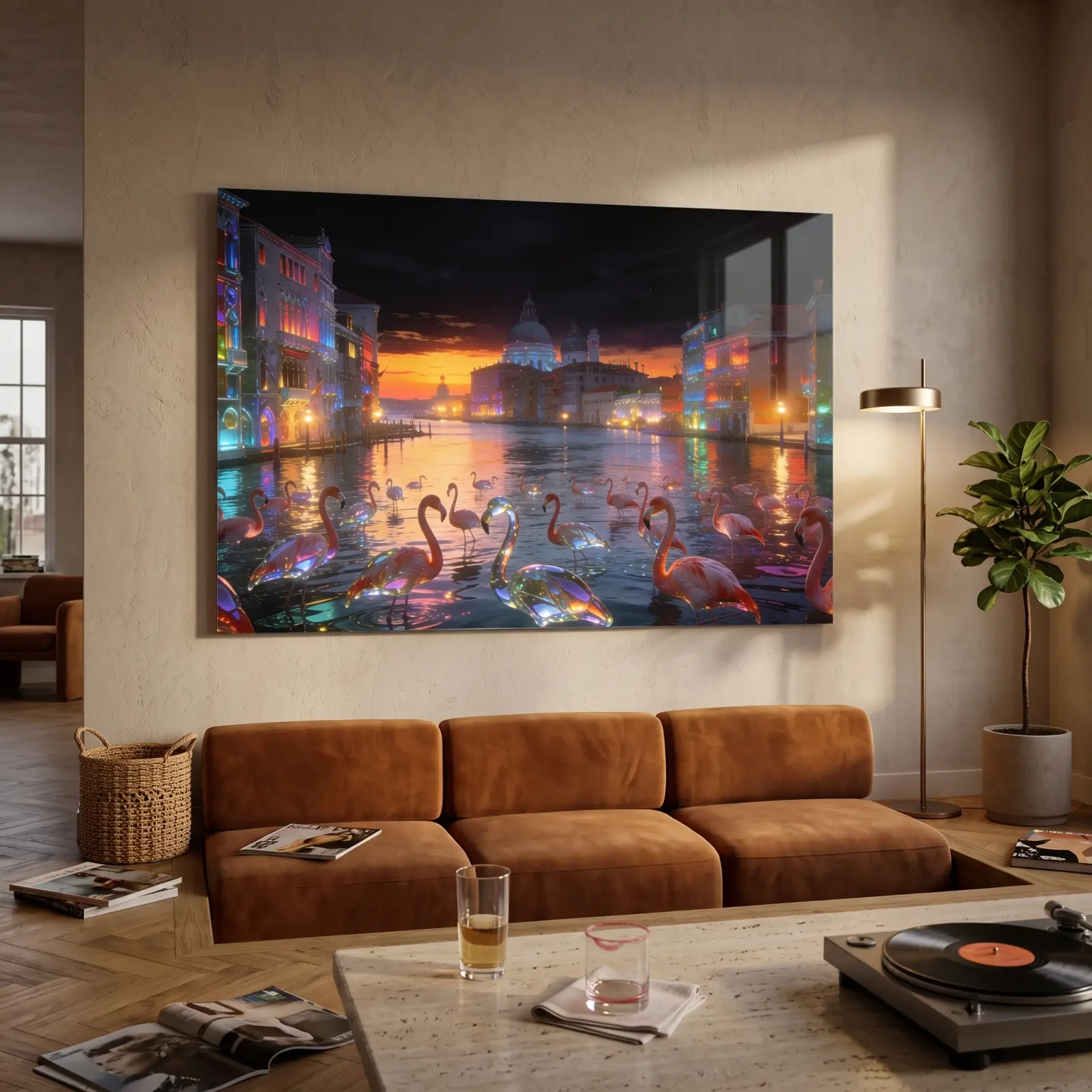 Venice Canal Flamingos Neon Sunset Cityscape | Glass Wall Art