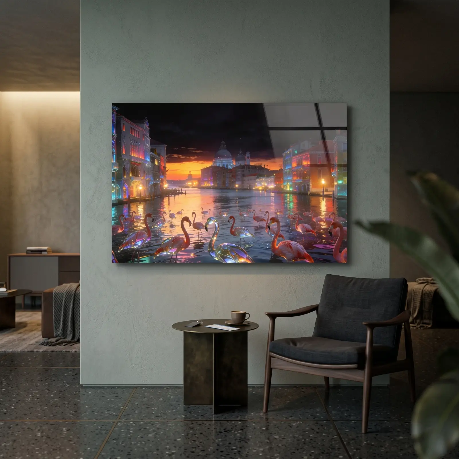 Venice Canal Flamingos Neon Sunset Cityscape | Glass Wall Art — 2