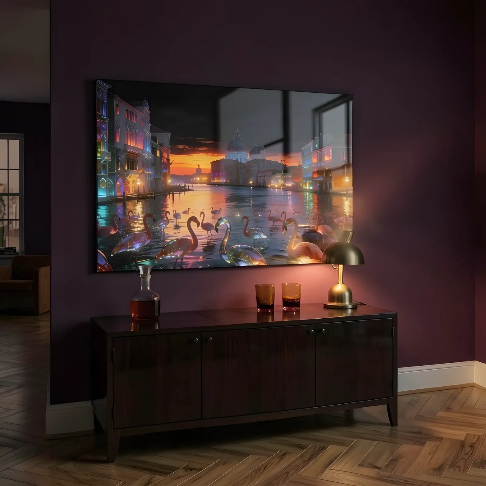 Venice Canal Flamingos Neon Sunset Cityscape | Glass Wall Art — 5