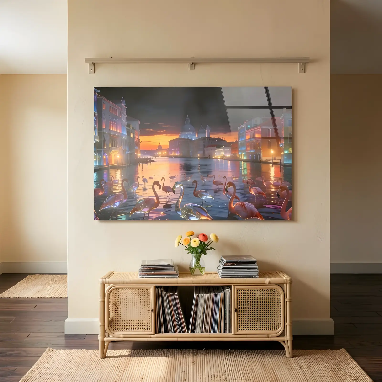 Venice Canal Flamingos Neon Sunset Cityscape | Glass Wall Art — 7