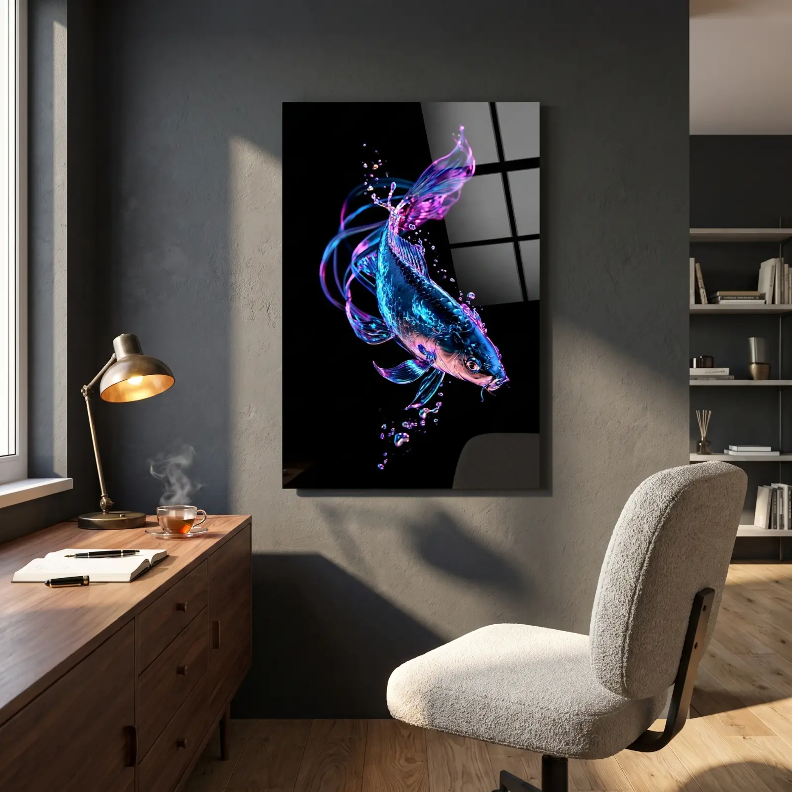 Neon Koi Fish Wall Art Iridescent Blue Magenta | Tempered Glass Print