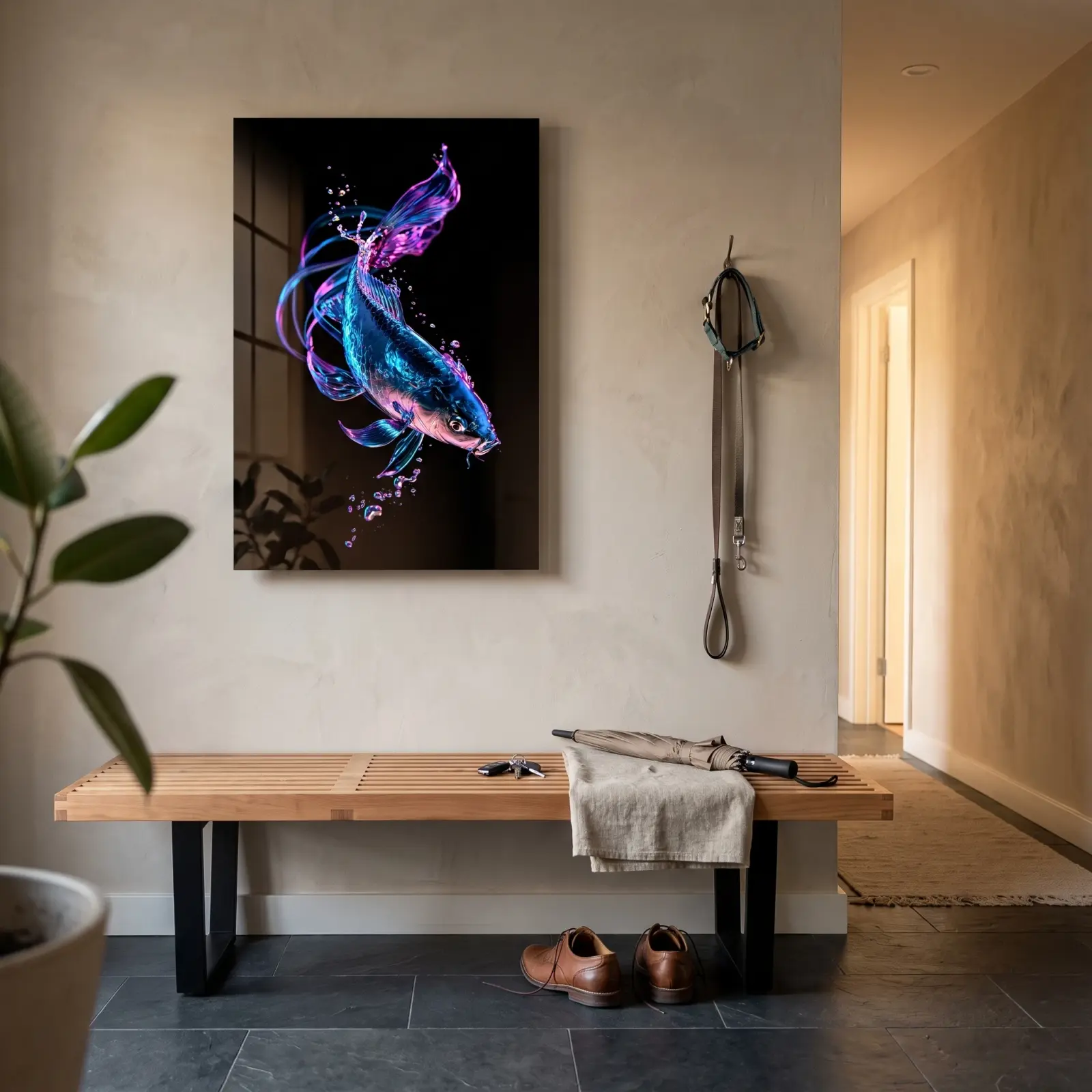 Neon Koi Fish Wall Art Iridescent Blue Magenta | Tempered Glass Print — 2