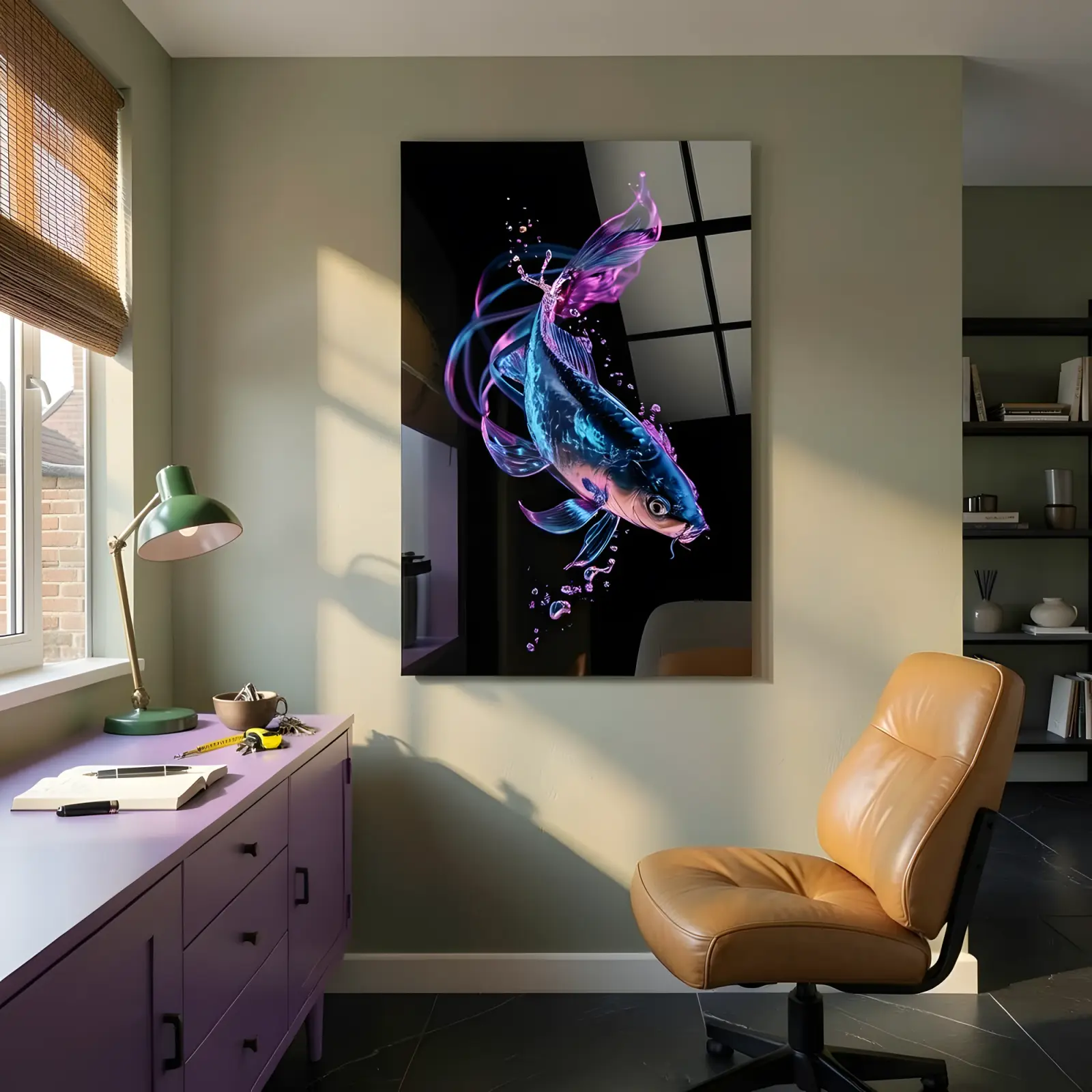 Neon Koi Fish Wall Art Iridescent Blue Magenta | Tempered Glass Print — 4