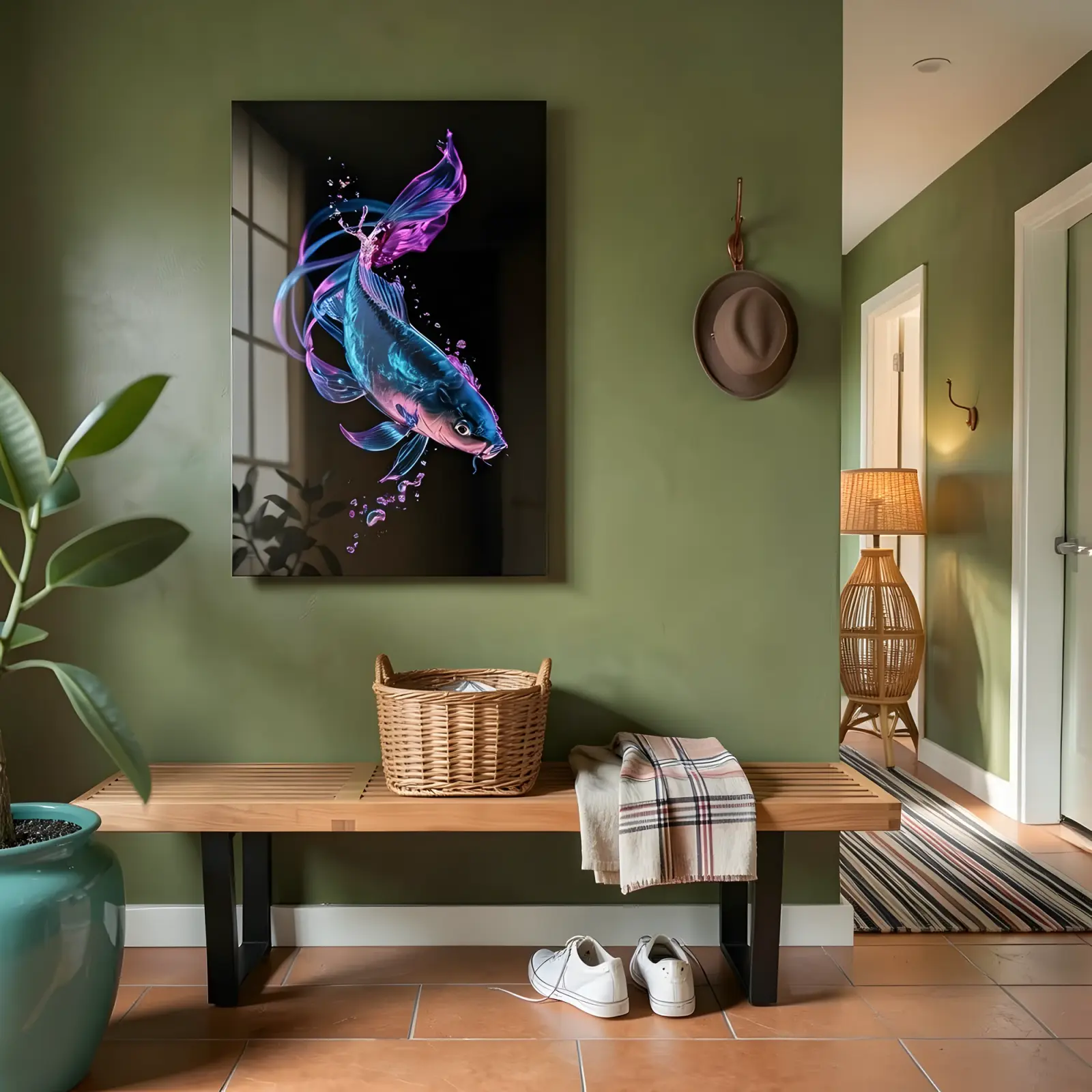 Neon Koi Fish Wall Art Iridescent Blue Magenta | Tempered Glass Print — 5