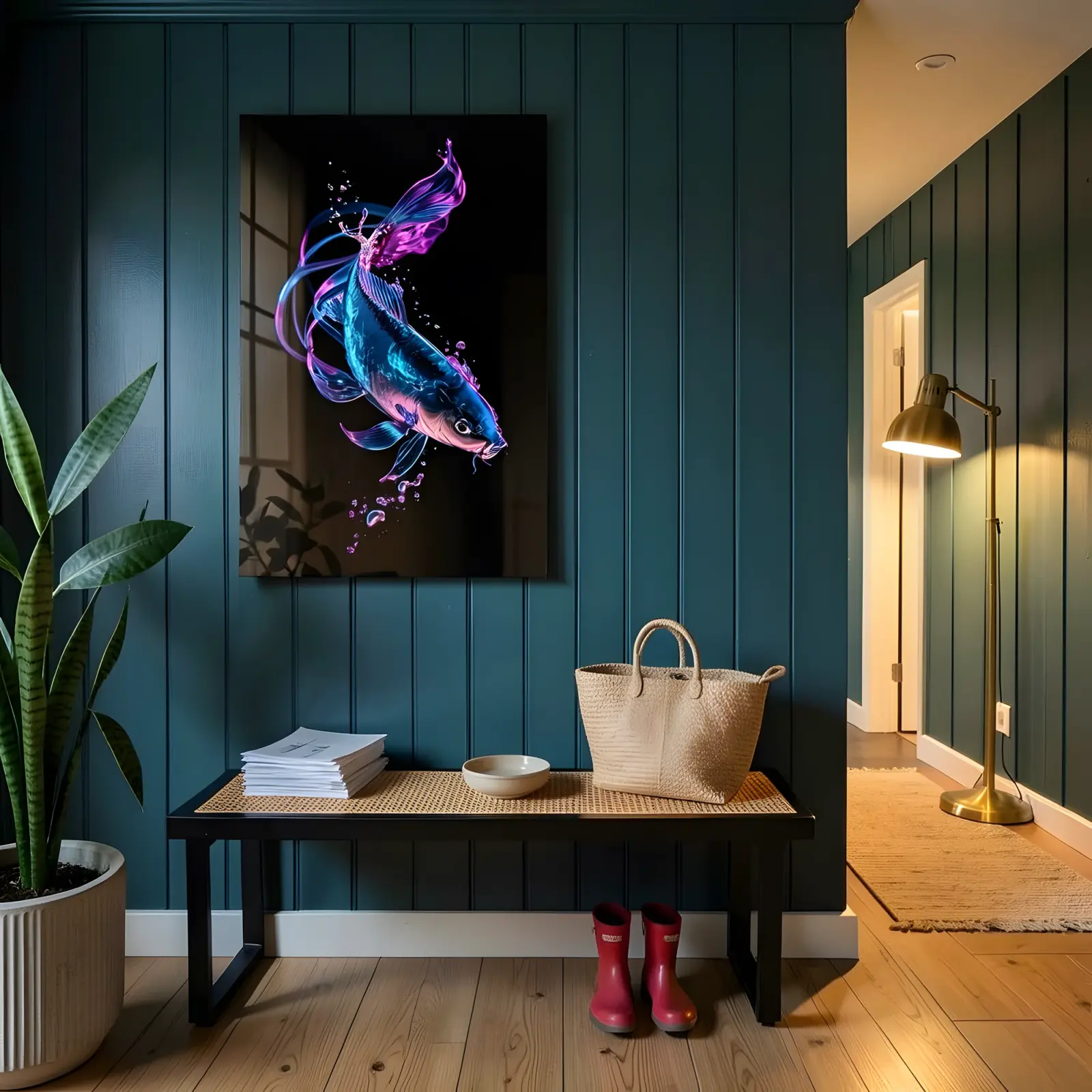 Neon Koi Fish Wall Art Iridescent Blue Magenta | Tempered Glass Print — 6
